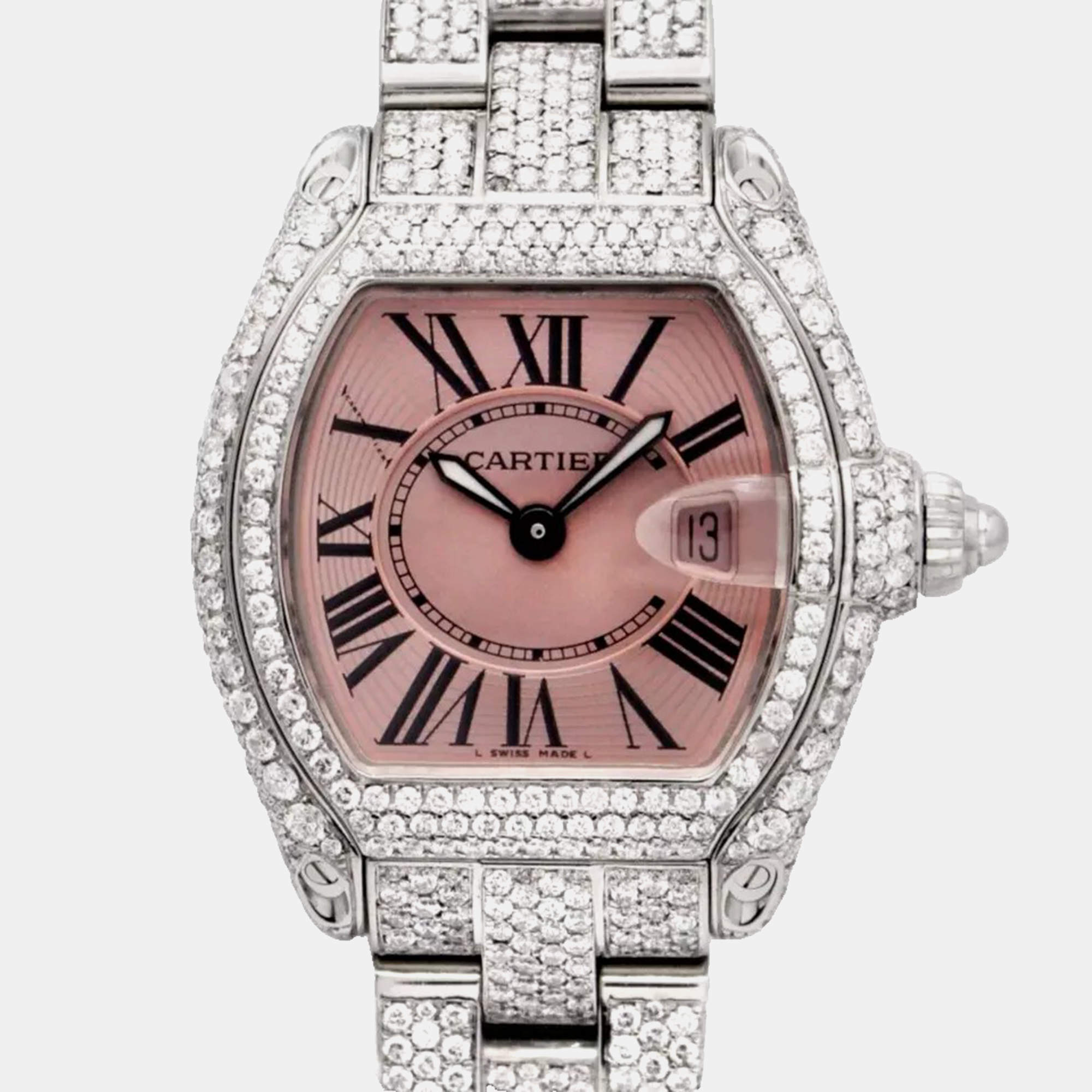 Cartier Customised Pink 11.75CT Diamond Stainless Steel Roadster 2675 Quartz Women's Wristwatch 31mm