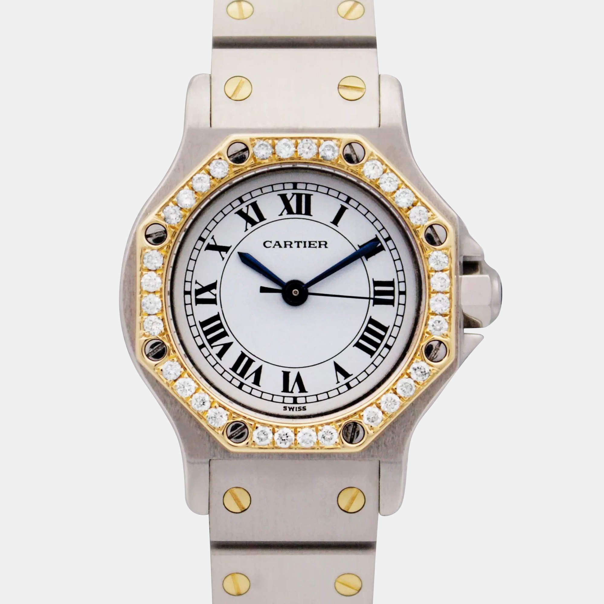 Cartier Customised White 50CT Diamond Stainless Steel Santos Octagon 0907 Women's Wristwatch 25mm
