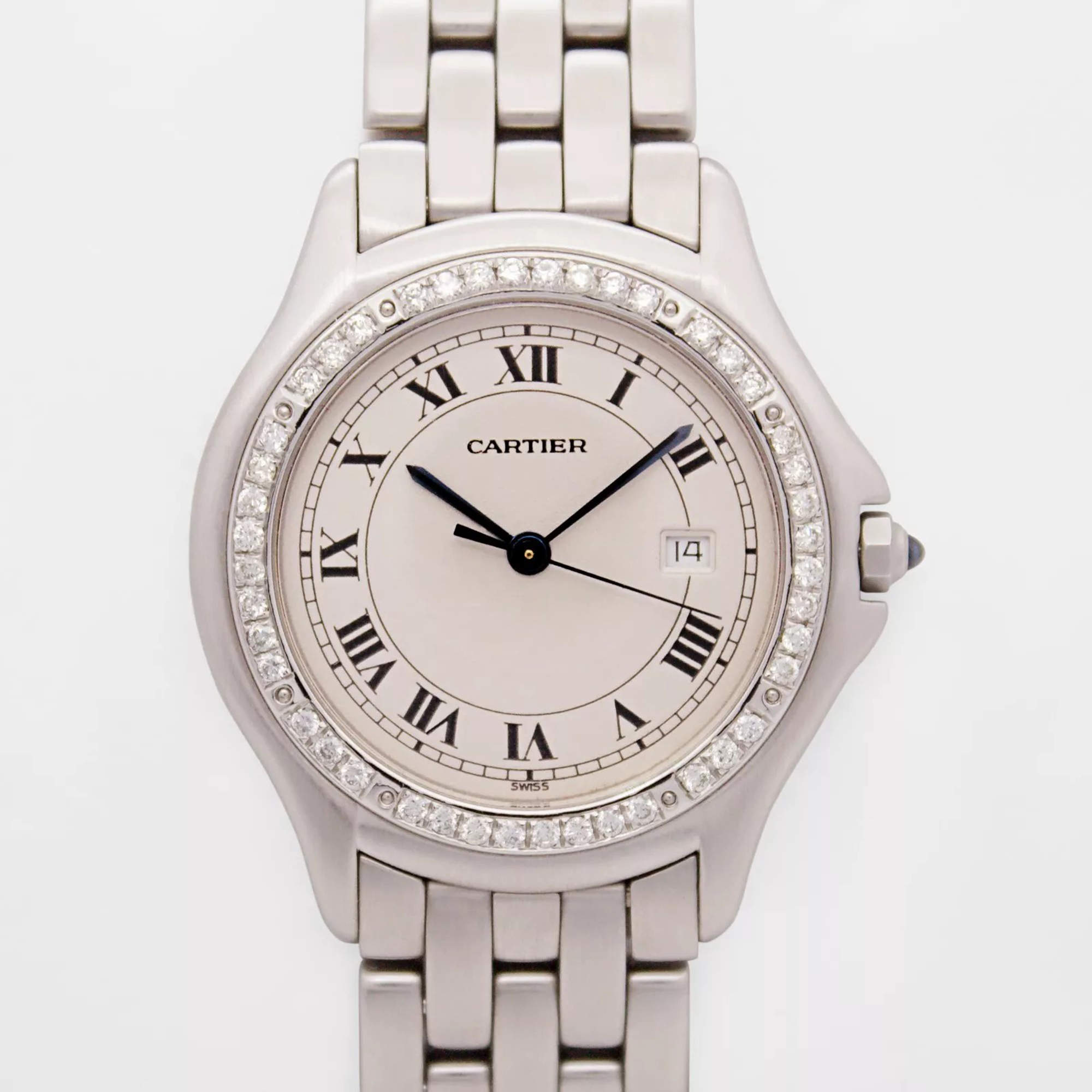 Cartier Customised White 0.50CT Diamond Stainless Steel Cougar 987904 Quartz Women's Wristwatch 33mm