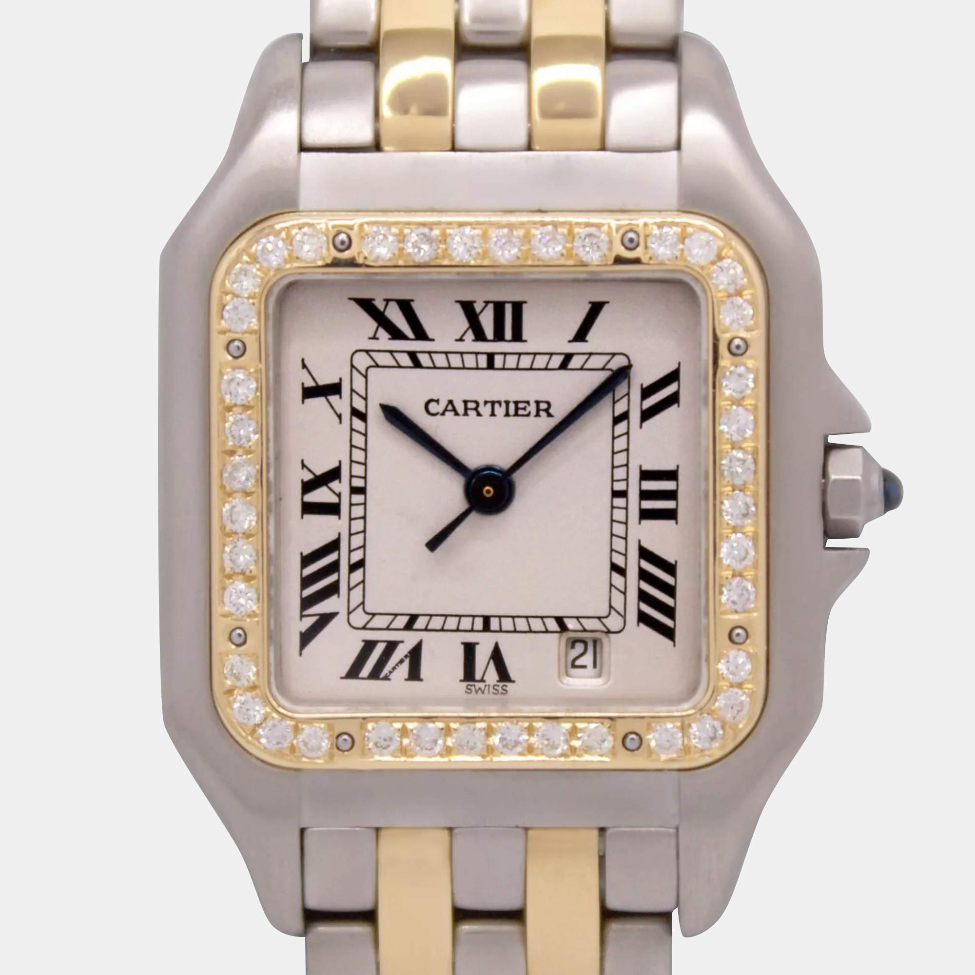 Cartier Customised White 50CT Diamond Stainless Steel Panthere 110000R Quartz Women's Wristwatch 27mm