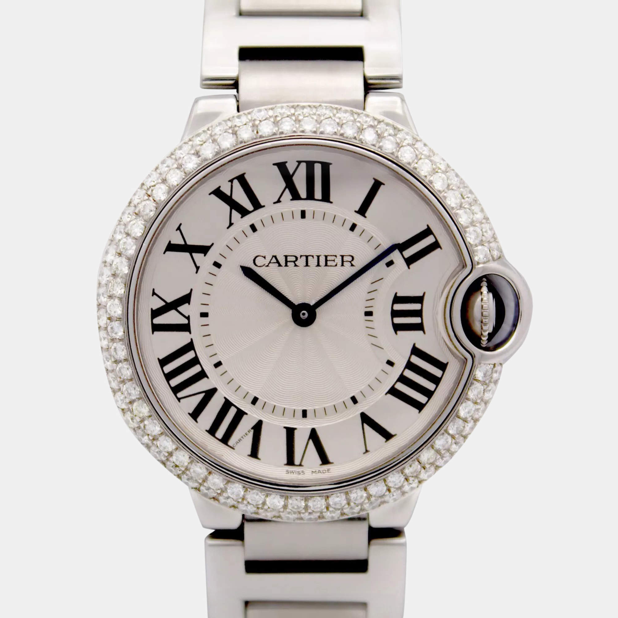 Cartier Customised Silver Diamond Stainless Steel Ballon Bleu 3005 Quartz Men's Wristwatch 36mm