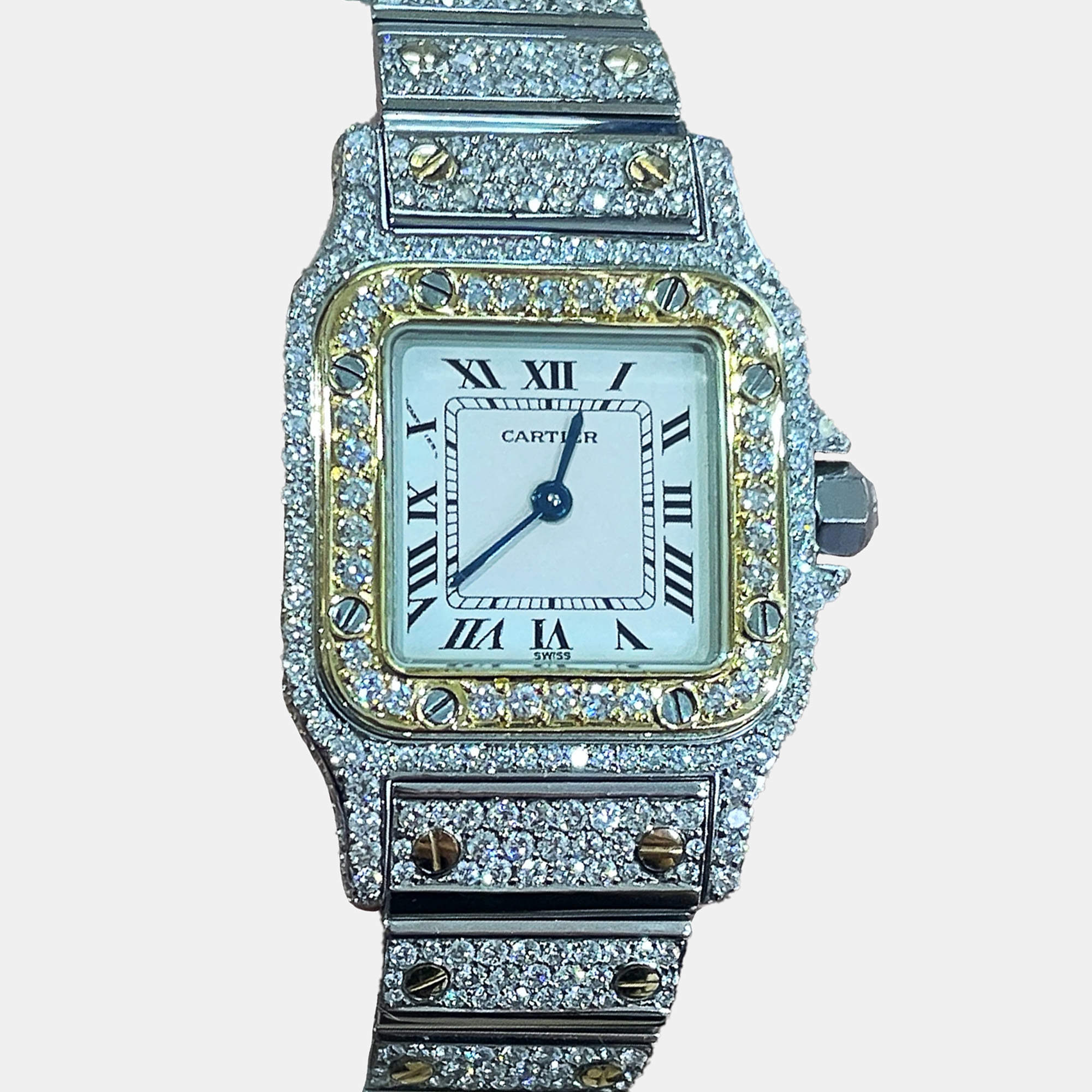 Cartier Customised White Diamond 18K Yellow Gold Santos W20012C4 Quartz Women's Wristwatch 24 MM