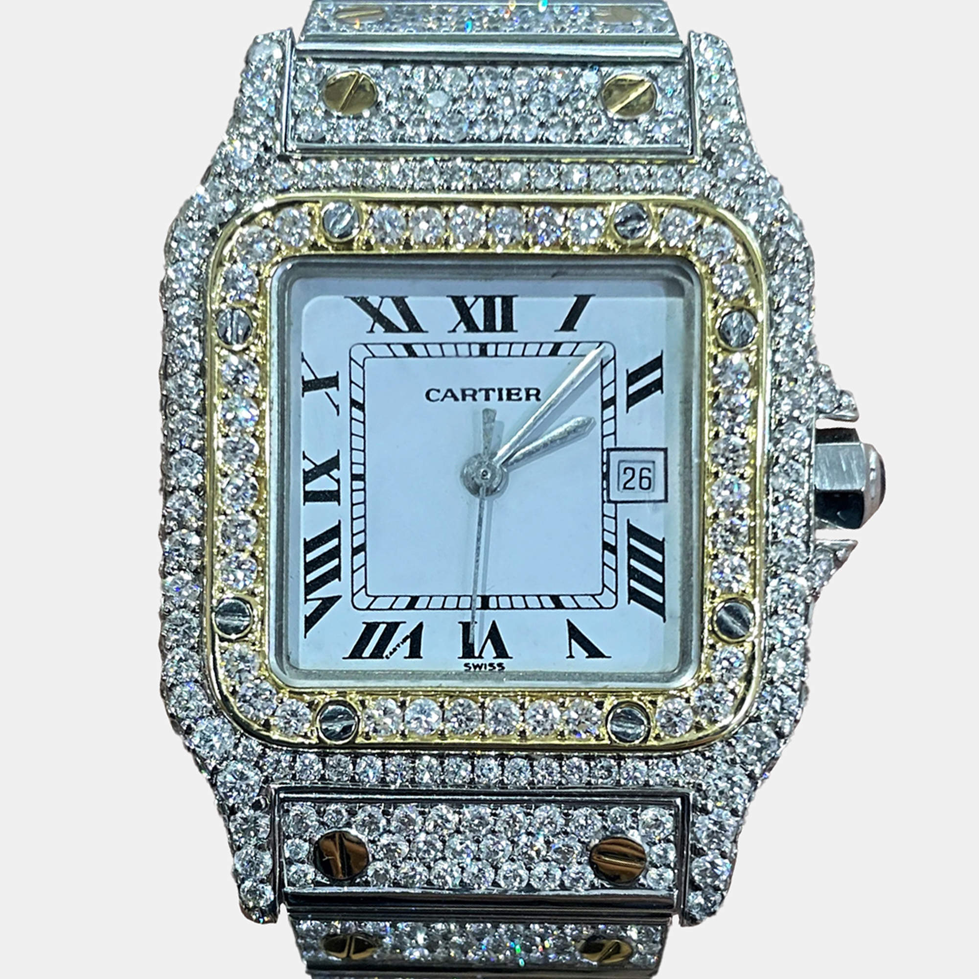 Cartier Customised White Diamond 18K Yellow Gold Santos Galbee 187901 Quartz Women's Wristwatch 29mm