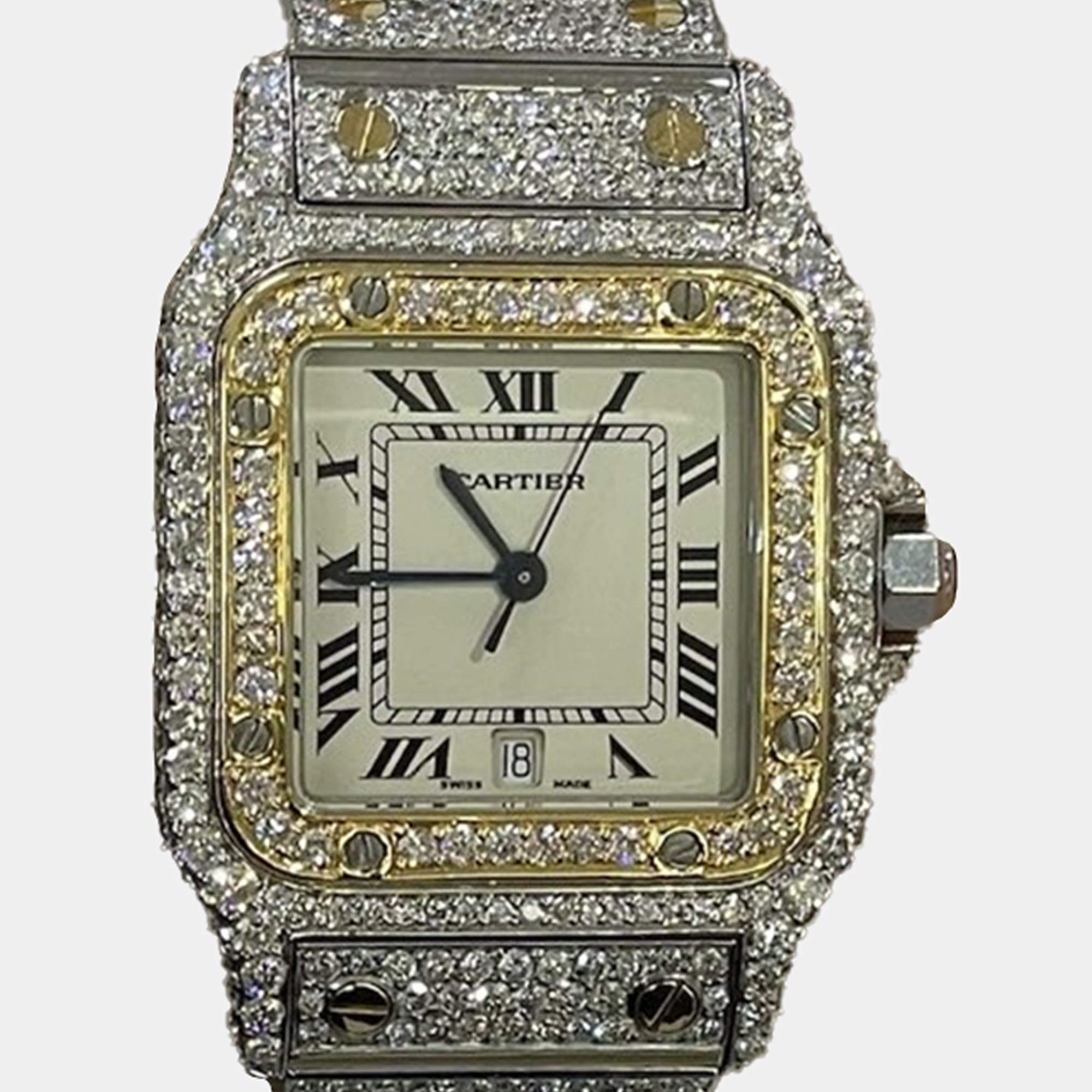 Cartier Customised White Diamond 18K Yellow Gold Santos Galbee 187901 Quartz Women's Wristwatch 29mm
