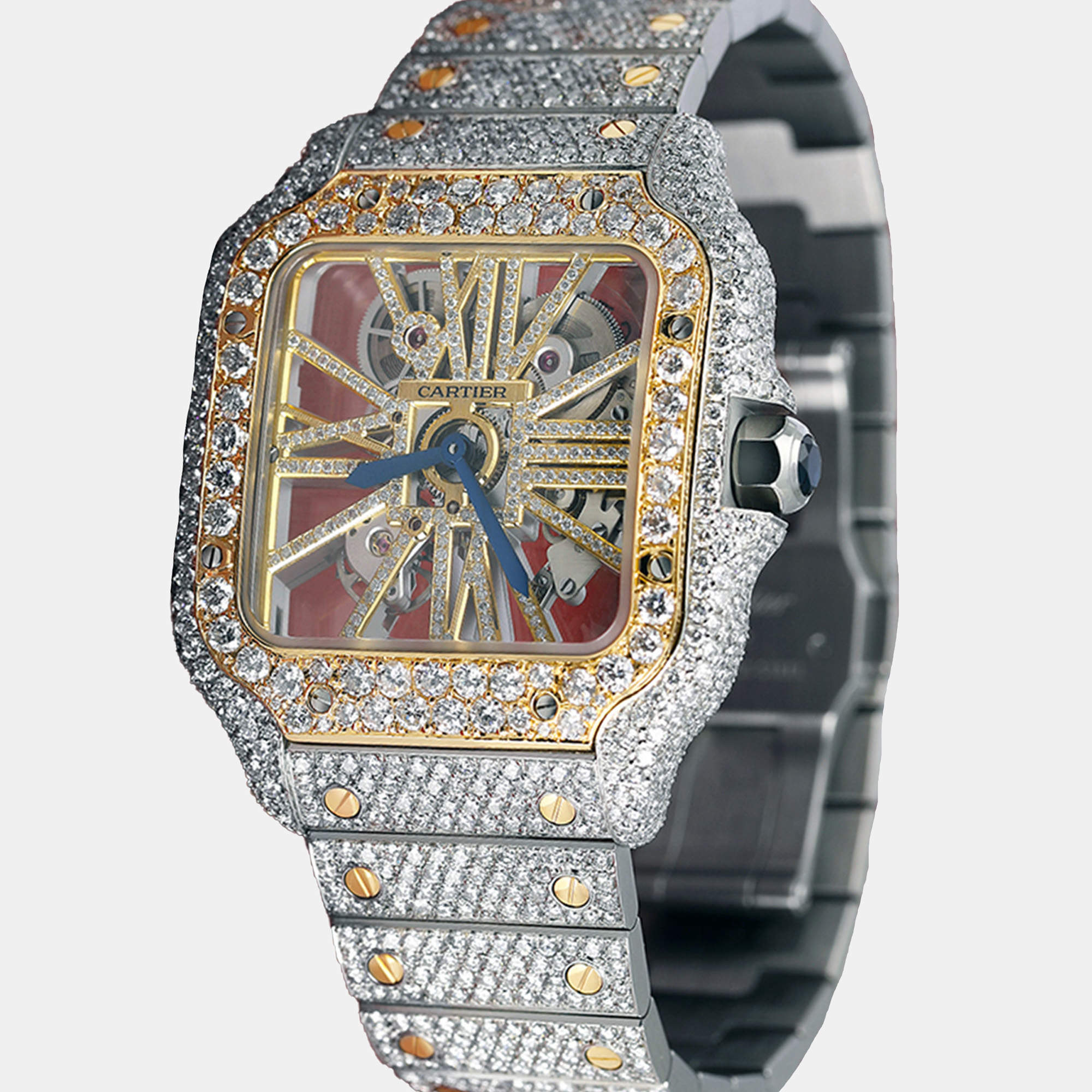 Cartier Customised Blue 32.00CT Diamond 18K Yellow Gold Stainless Steel Santos de Cartier 9611 Manual Winding Men's Wristwatch 39.8MM