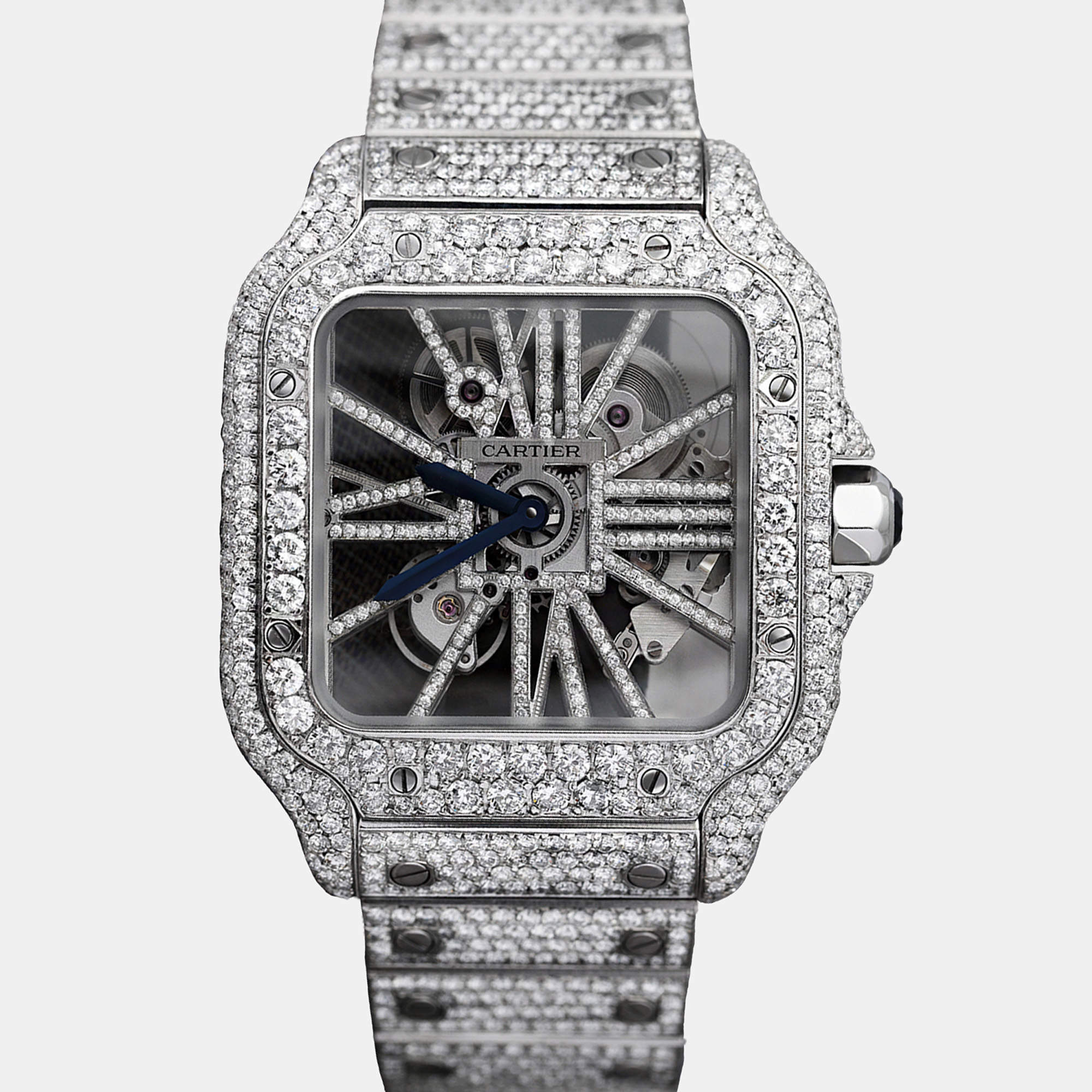 Cartier Customised Blue 32.00CT Diamond Stainless Steel Santos de Cartier 9611 Manual Winding Men's Wristwatch 39.8MM