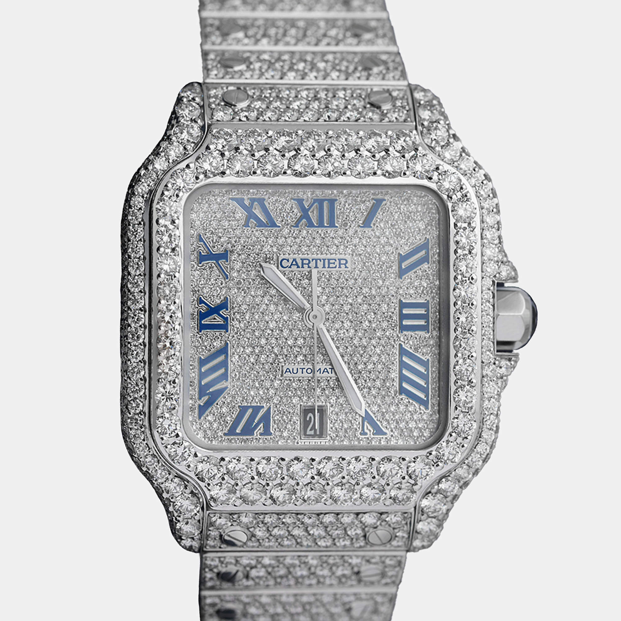 Cartier Customised Blue 25CT Diamond Stainless Steel Santos de Cartier WSSA0018 Automatic Men's Wristwatch 39.50 MM