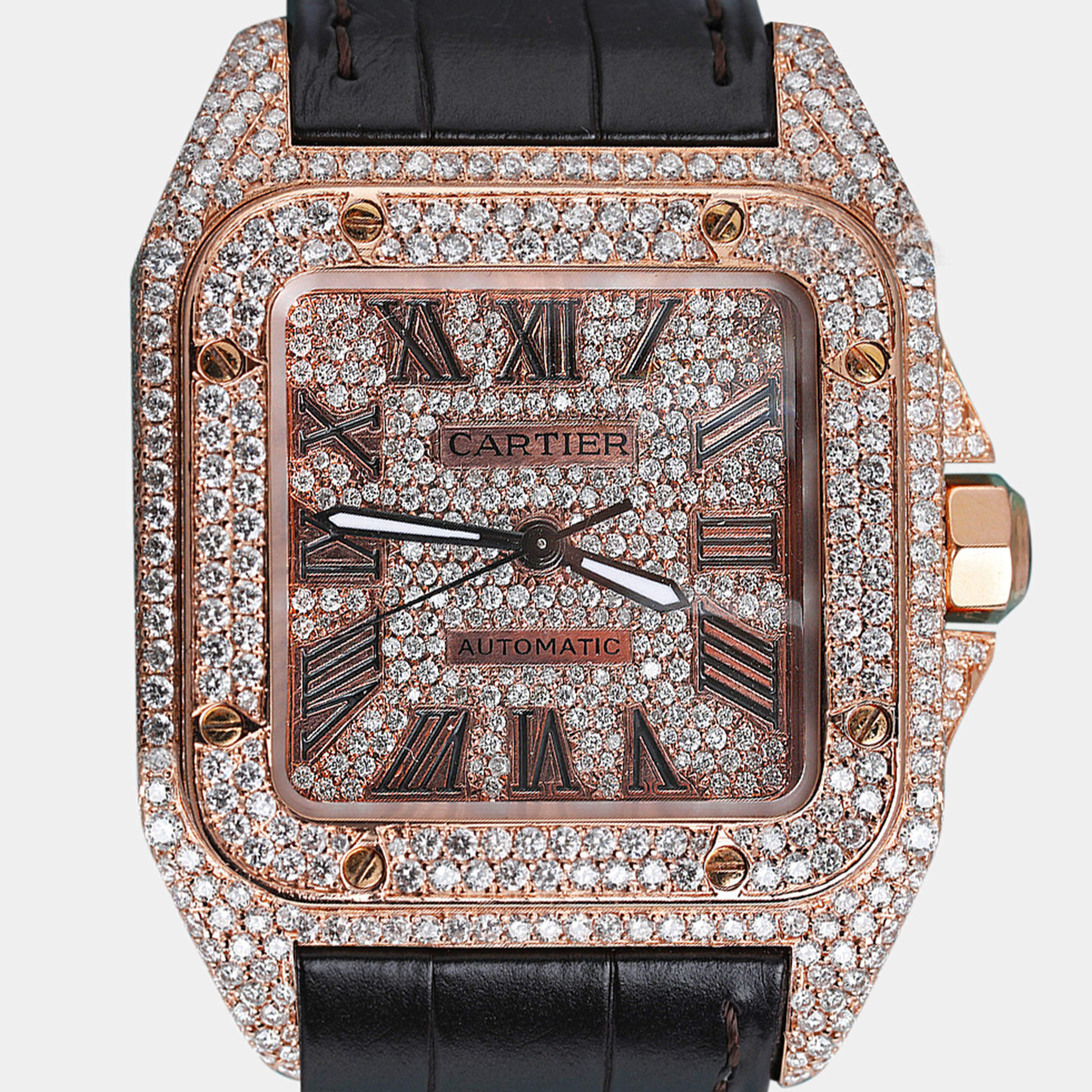 Cartier Customised Brown 12.00CT Diamond 18K Rose Gold Santos 100 2879 Automatic Women's Wristwatch 33mm