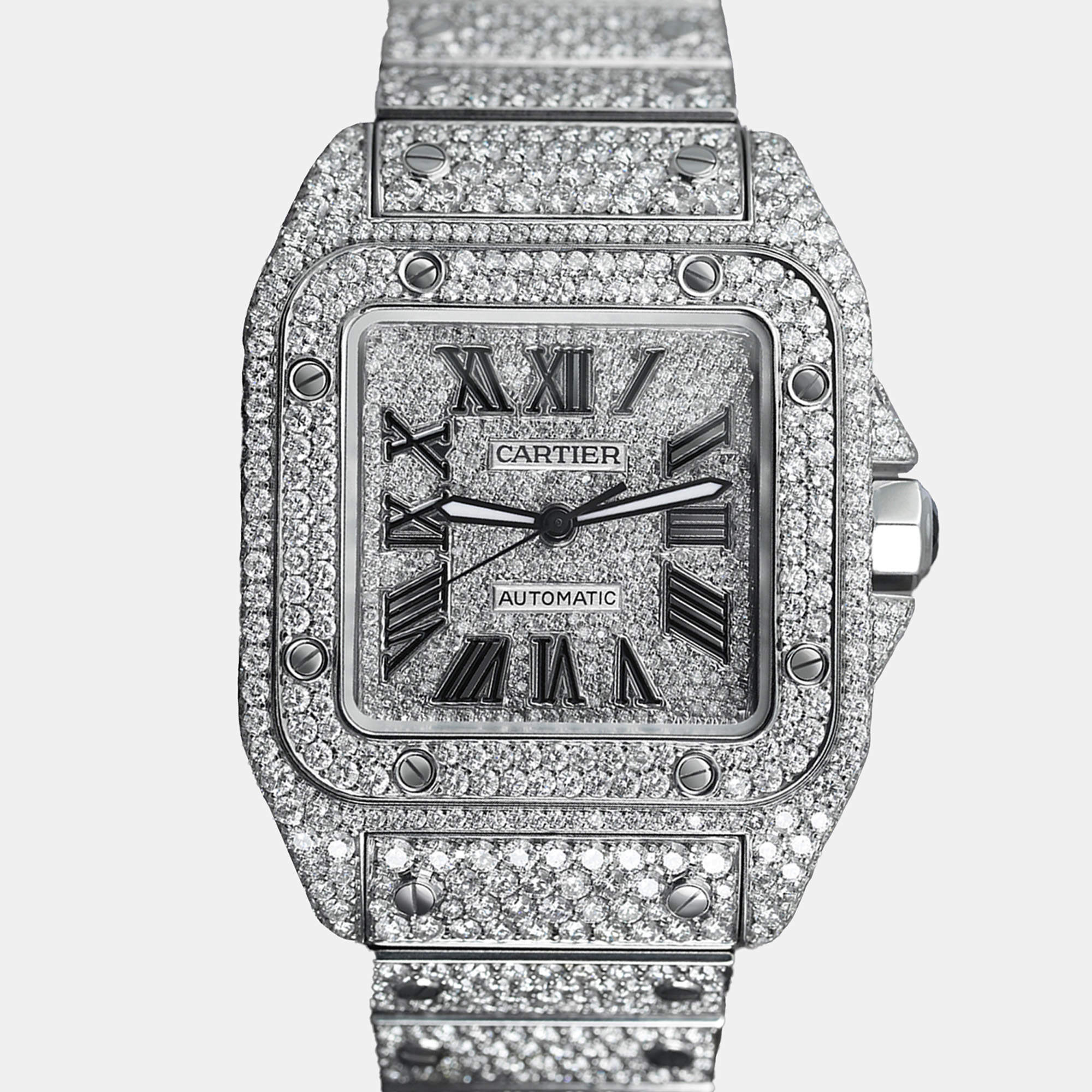 Cartier Customised Silver 29.00CT Diamond Stainless Steel Santos 100 W20073X8 Automatic Men's Wristwatch 41 MM
