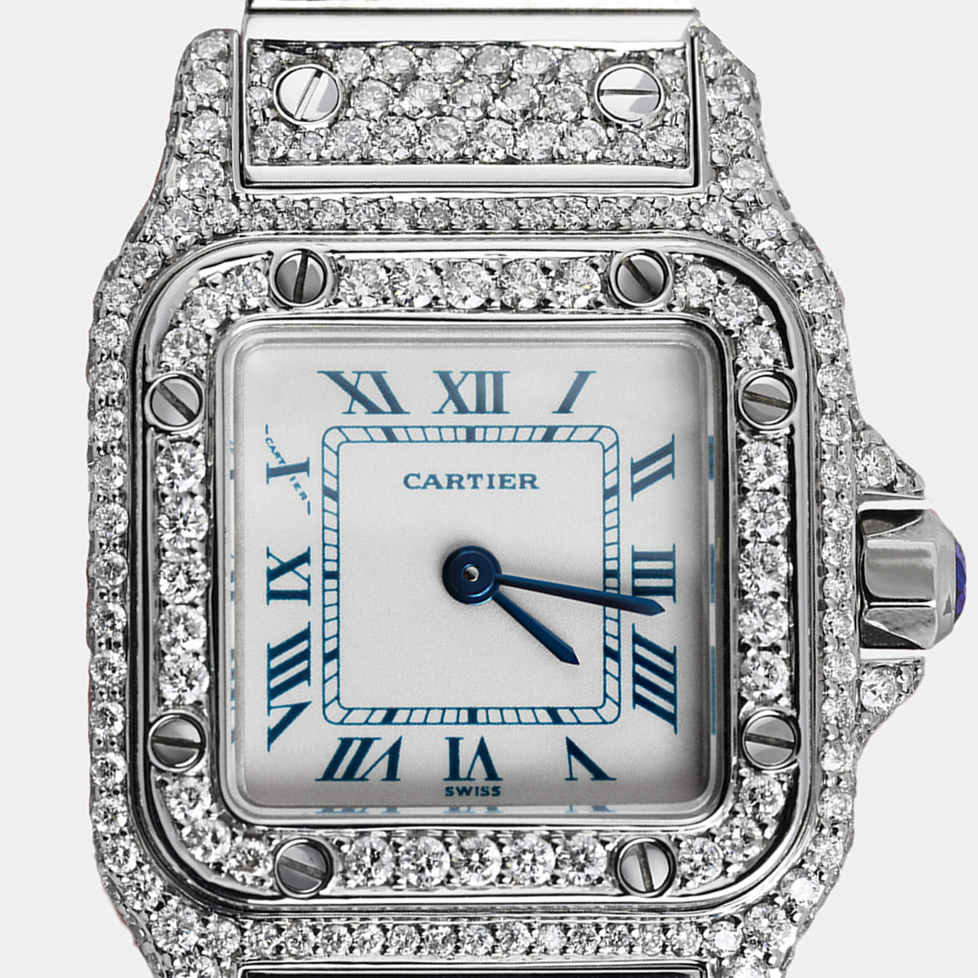 Cartier Customised White Diamond Stainless Steel Santos Galbee W20056D6 Quartz Women's Wristwatch 24 MM