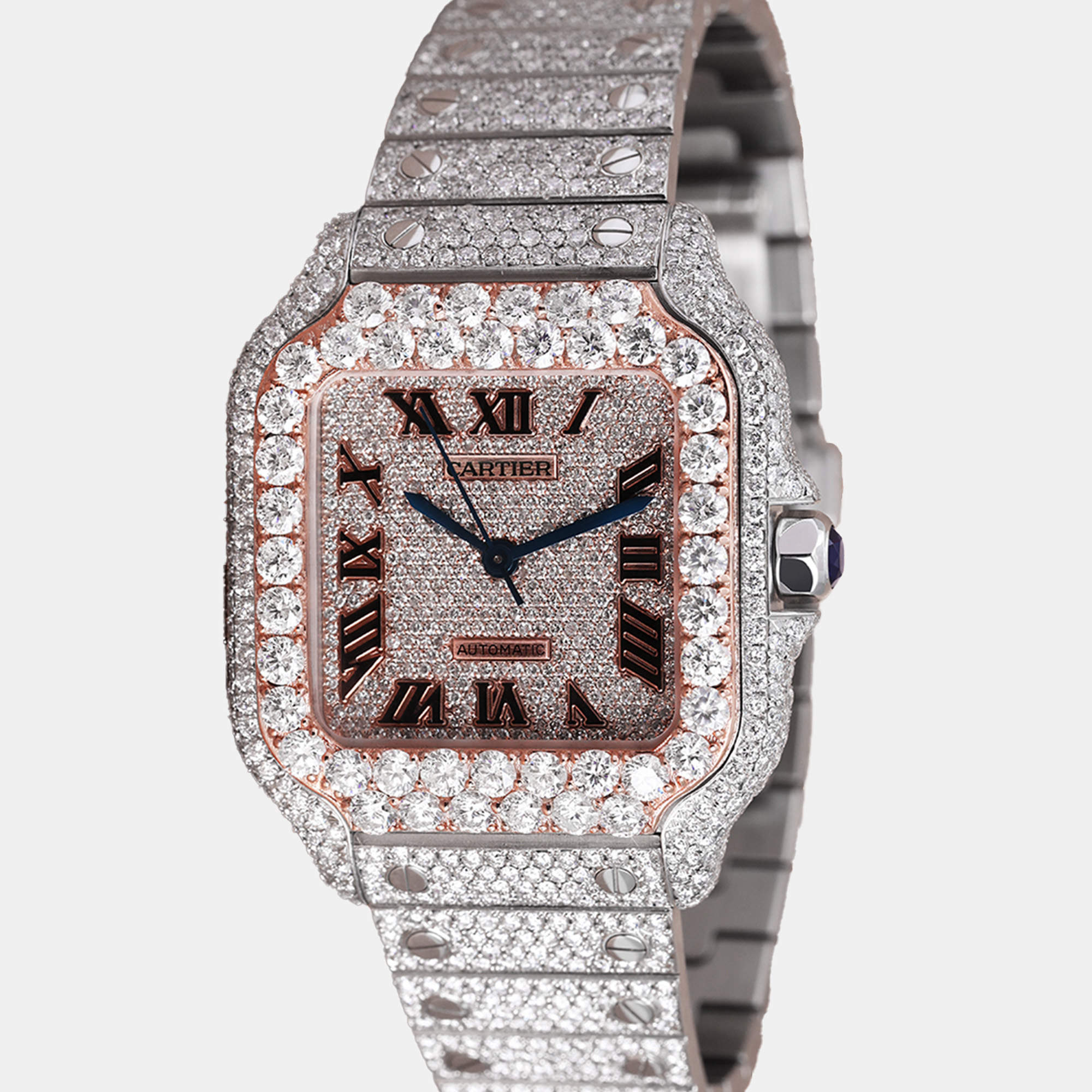 Cartier Customised Blue Diamond 18K Rose Gold Santos de Cartier WSSA0029 Automatic Men's Wristwatch 35.1 mm