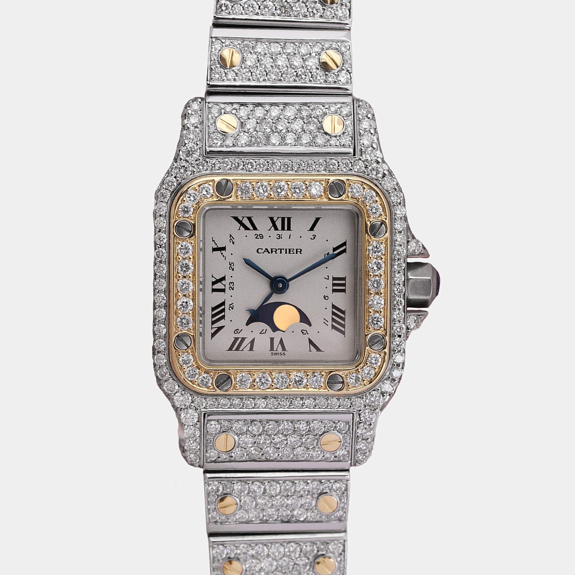 Cartier Customised White Diamond 18K Yellow Gold Santos Galbee 119902 Quartz Women's Wristwatch 24mm