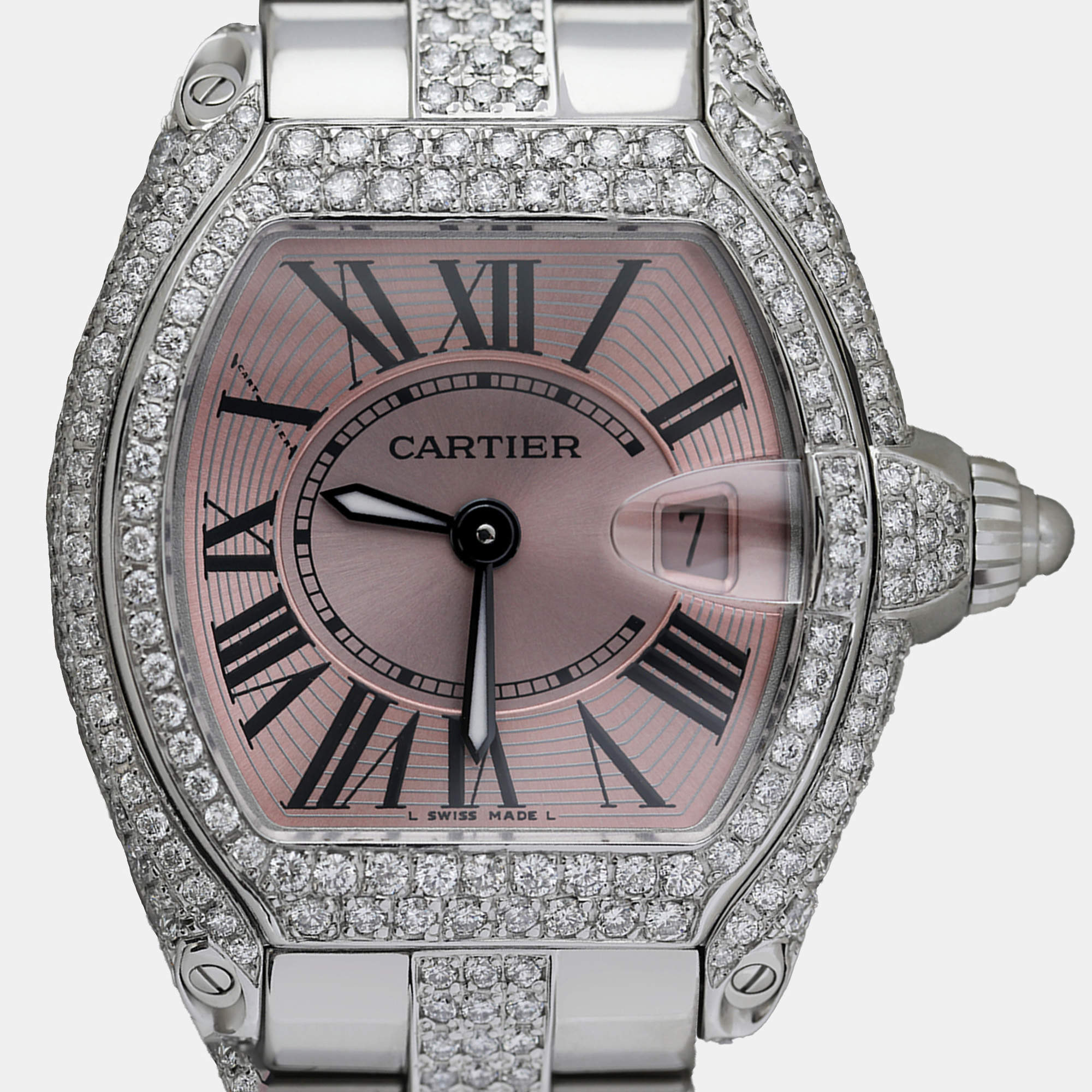 Cartier Customised Pink Diamond Stainless Steel Roadster W62016V3 Quartz Women's Wristwatch 36
mm