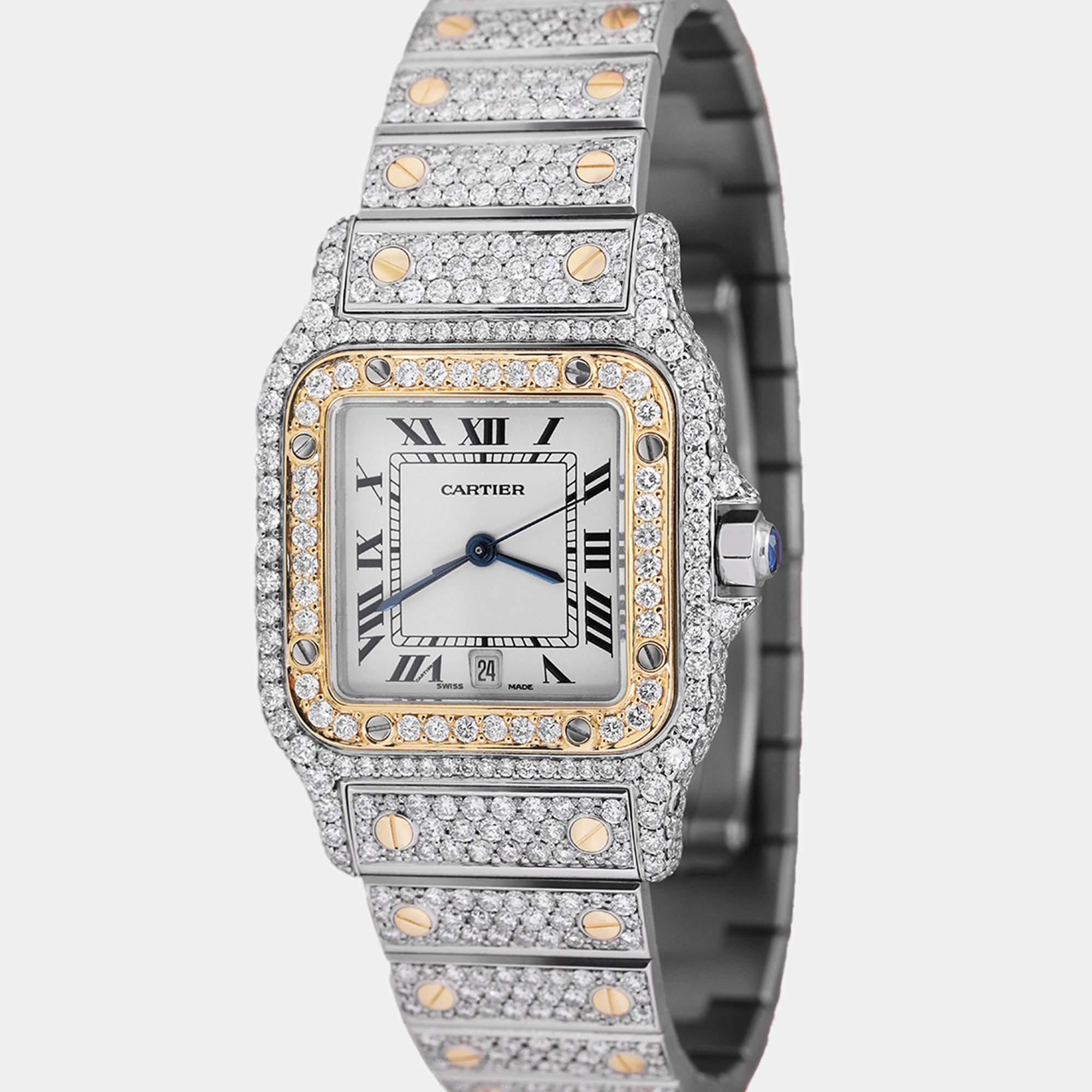 Cartier Customised White Diamond 18K Yellow Gold Santos W20012C4 Quartz Women's Wristwatch 24 MM