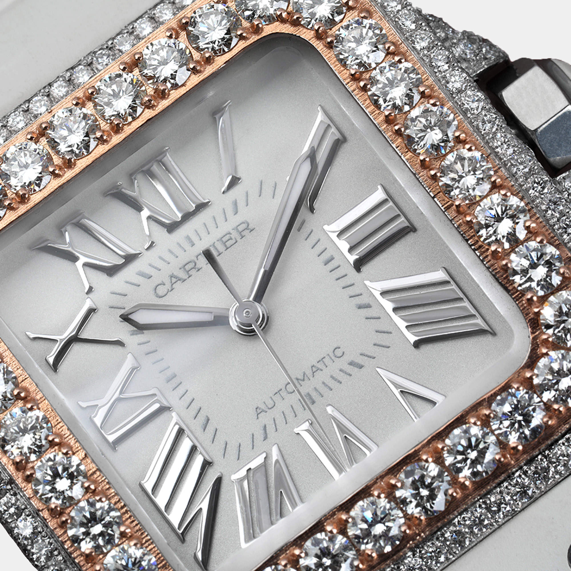 Cartier Customised White 12.00CT Diamond 18K Rose Gold Santos 100 Automatic Women's Wristwatch 33mm