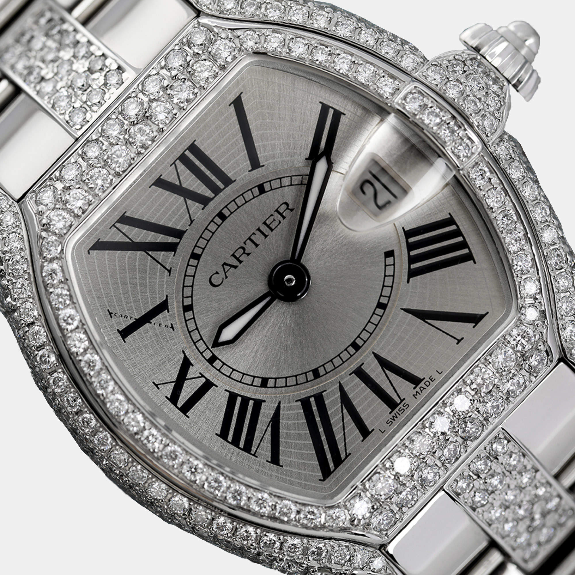 Cartier Customised Silver Diamond Stainless Steel Roadster W62016V3 Quartz Women's Wristwatch 30 mm
