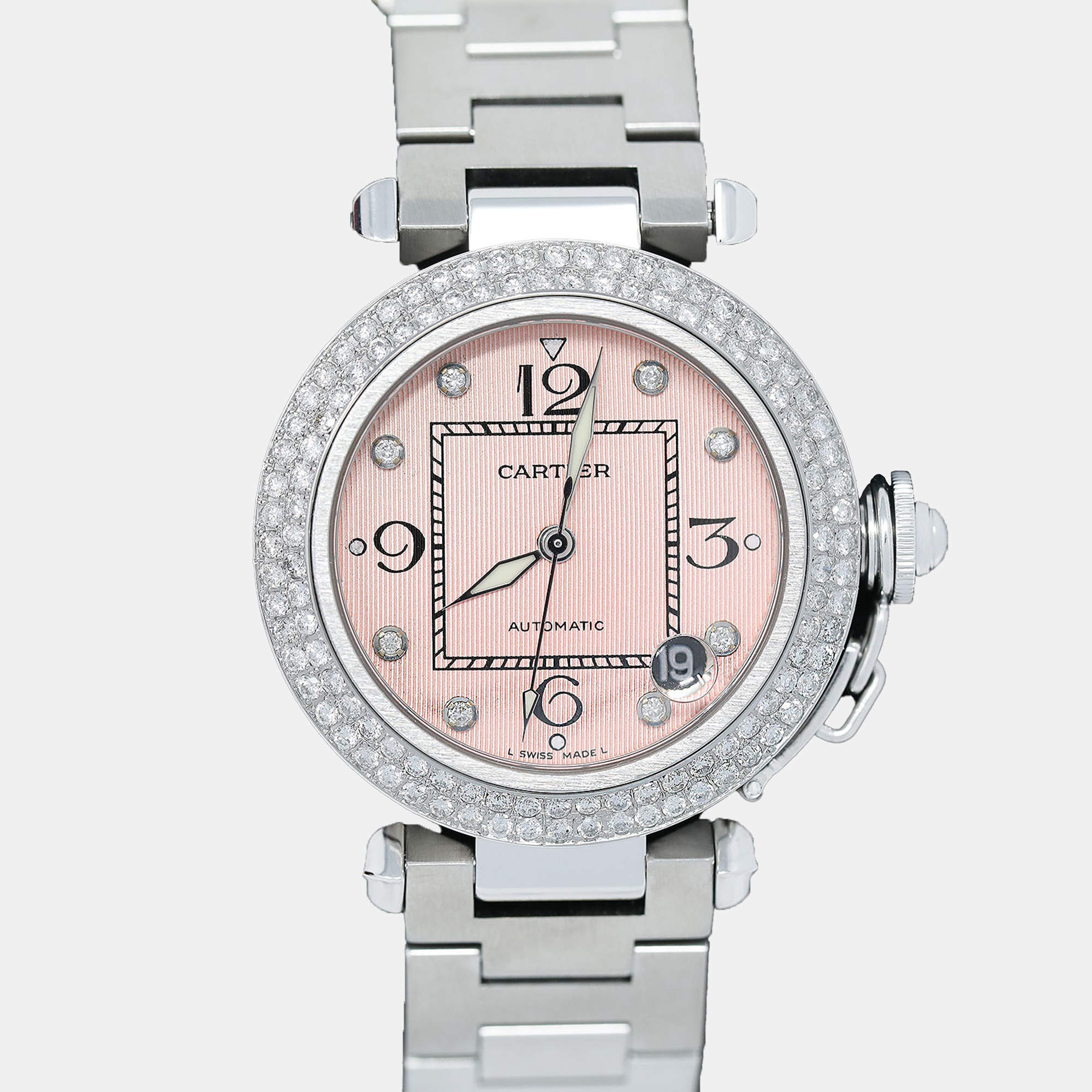 Cartier Customised Blue Diamond Stainless Steel Pasha 2324 Automatic Women's Wristwatch 35mm