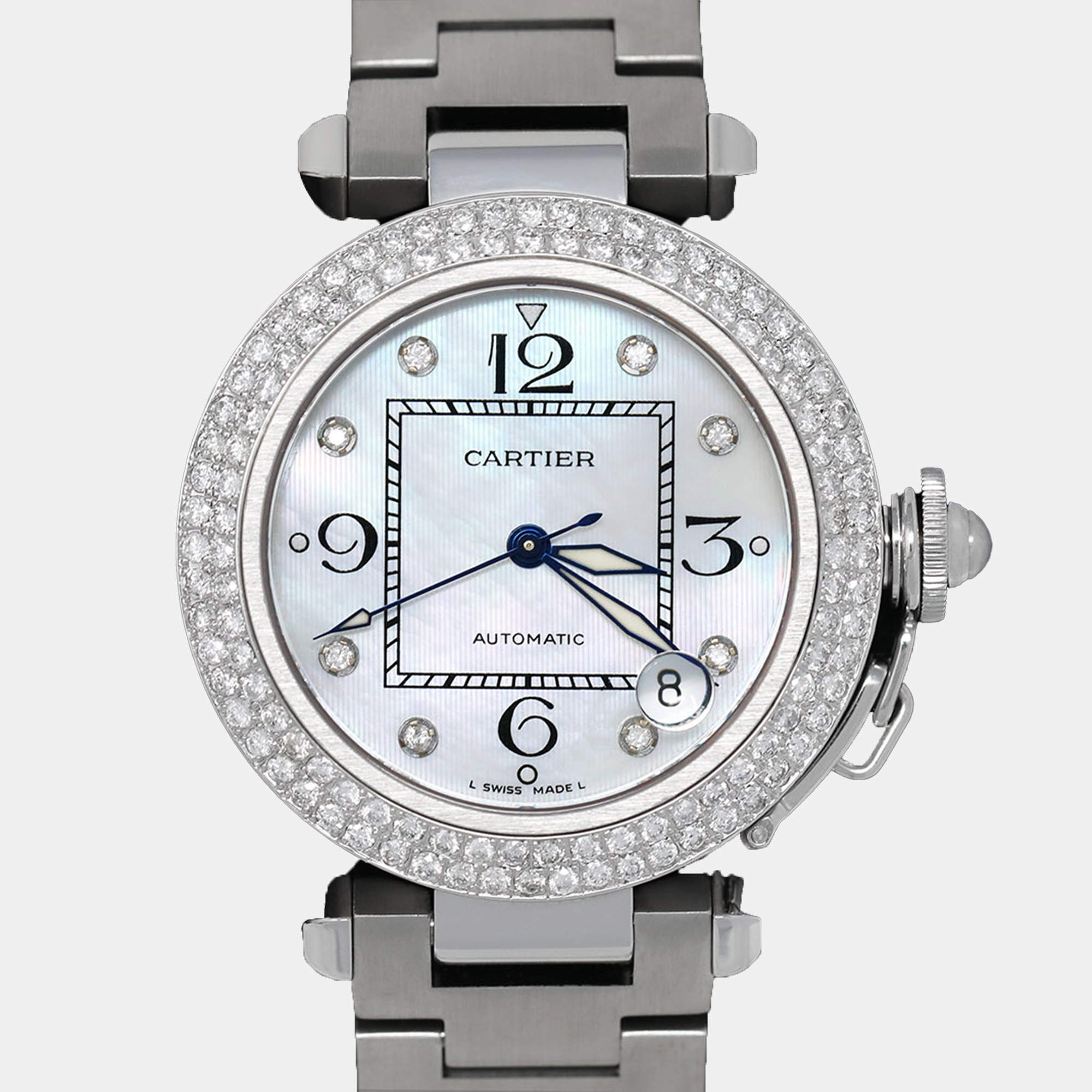 Cartier Customised Blue MOP Diamond Stainless Steel Pasha 2324 Automatic Women's Wristwatch 35mm