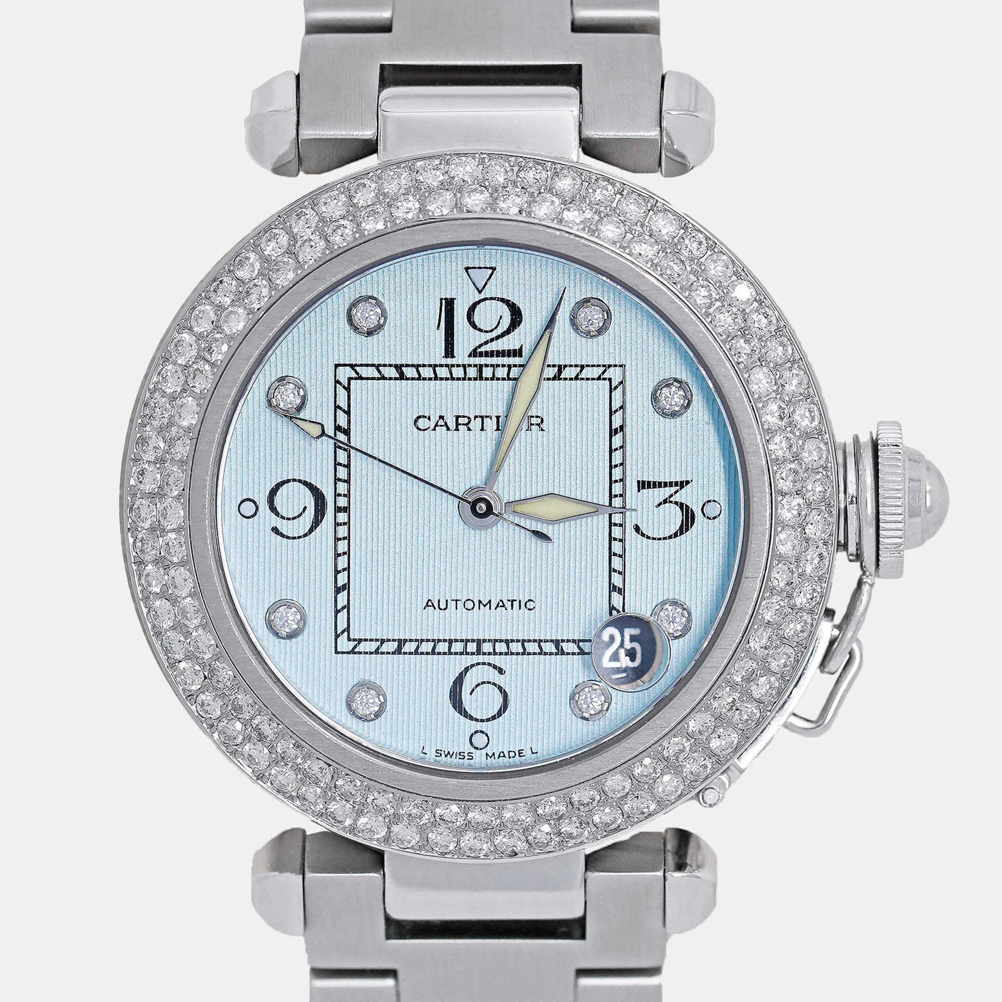 Cartier Customised Blue Diamond Stainless Steel Pasha 2324 Automatic Women's Wristwatch 35mm