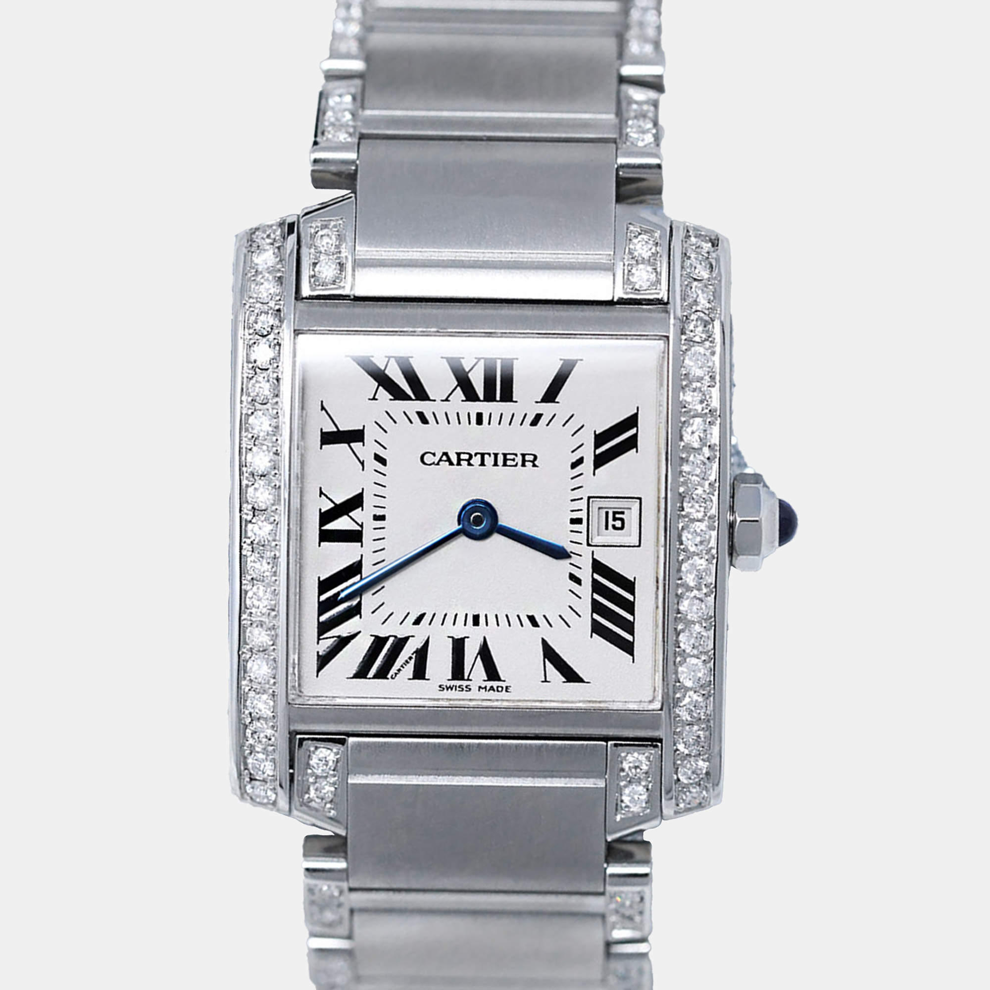 Cartier Customised Blue Diamond Stainless Steel Tank Francaise 2465 Quartz Women's Wristwatch 25MM