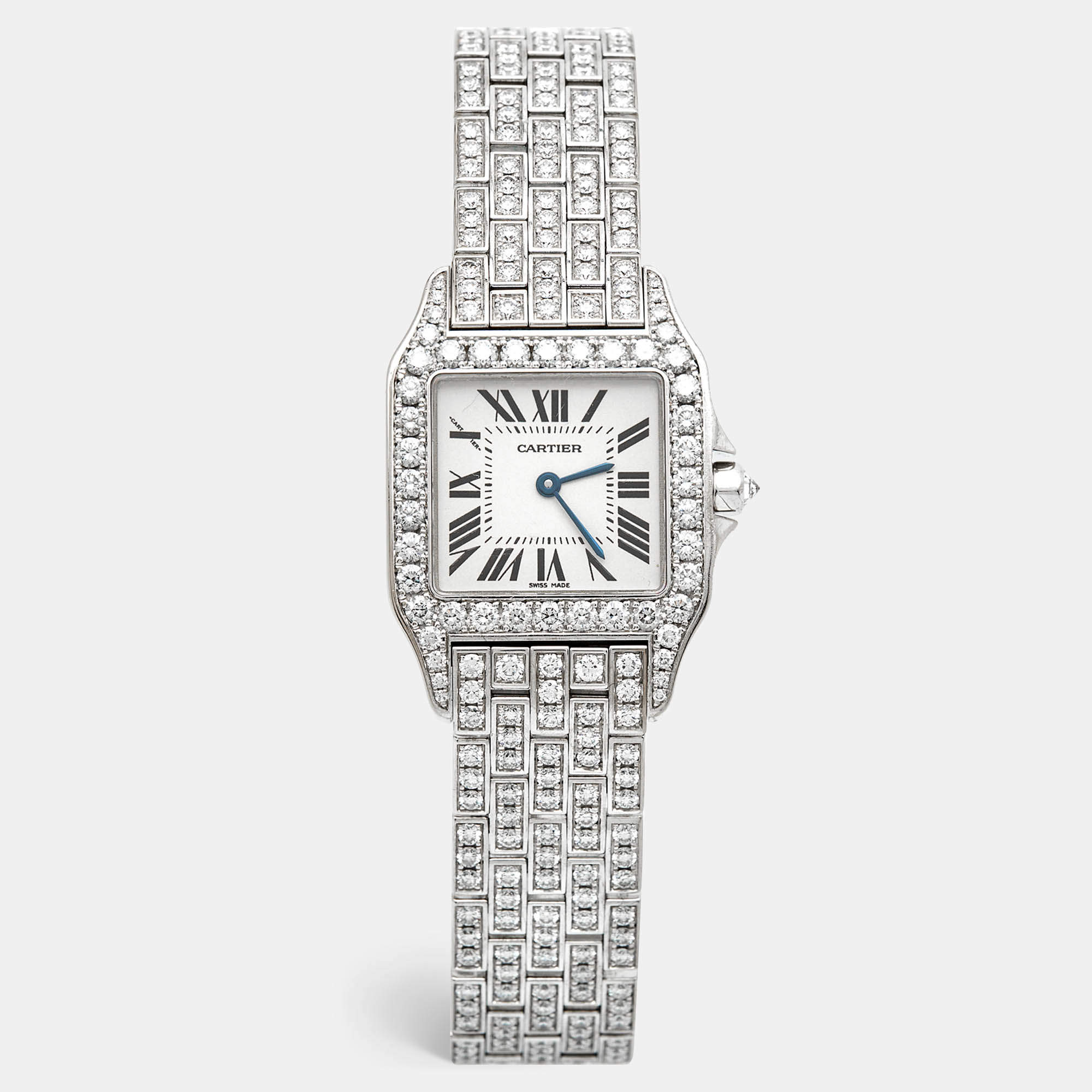 Cartier Silver 18k White Gold Diamond Santos Demoiselle WF9010YA Women's Wristwatch 26 mm