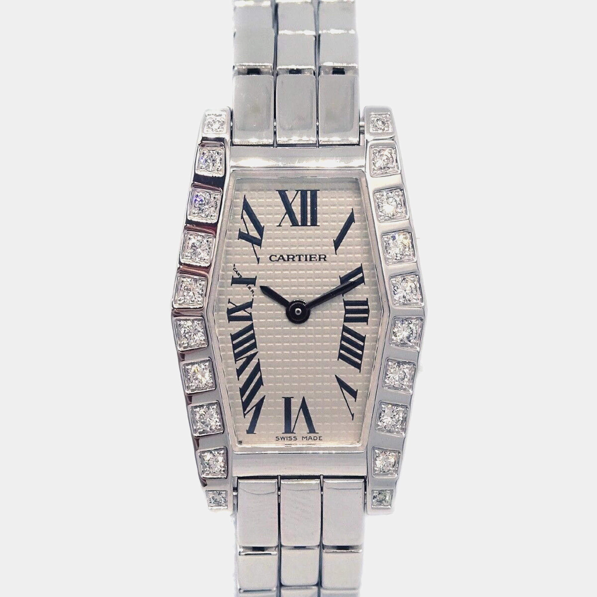 Cartier Silver 18k White Gold Diamond Laniere Tonneau Quartz Women's Wristwatch 18 mm