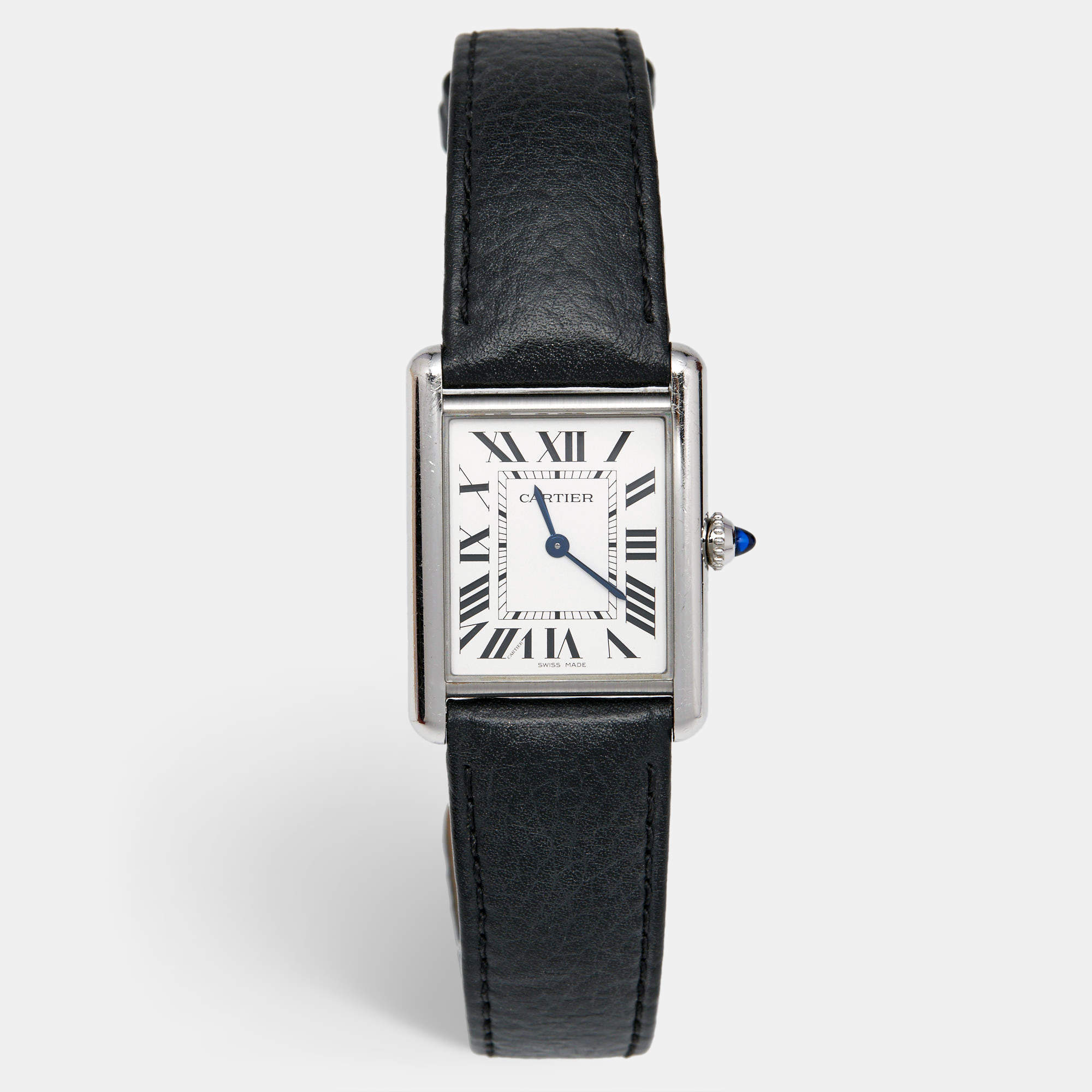 Pre Owned Cartier Silver Stainless Steel Calf Leather Tank Must WSTA0041 Women's Wristwatch 25.50 mm