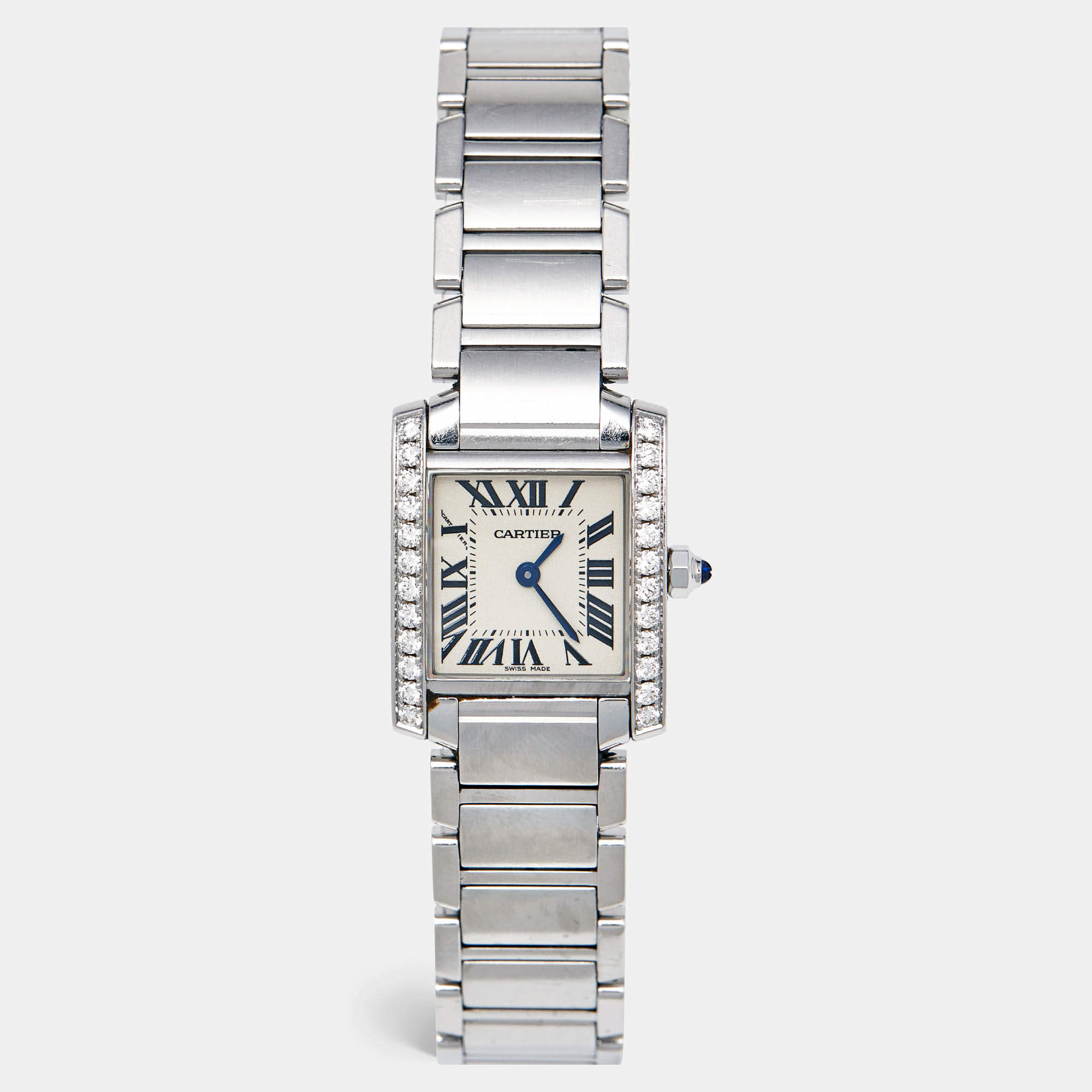 Pre Owned Cartier Silver Stainless Steel Diamond Tank Francaise 3217 Women's Wristwatch 20 mm
