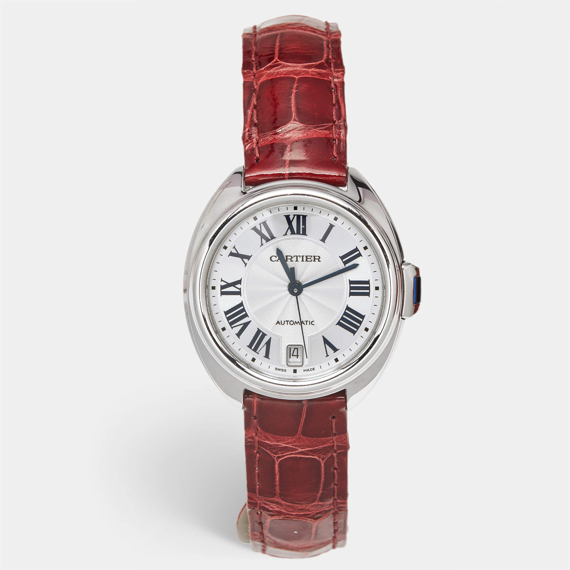 Cartier Silver Stainless Steel Alligator Leather Cle De Cartier WSCL0017 Women's Wristwatch 35 mm
