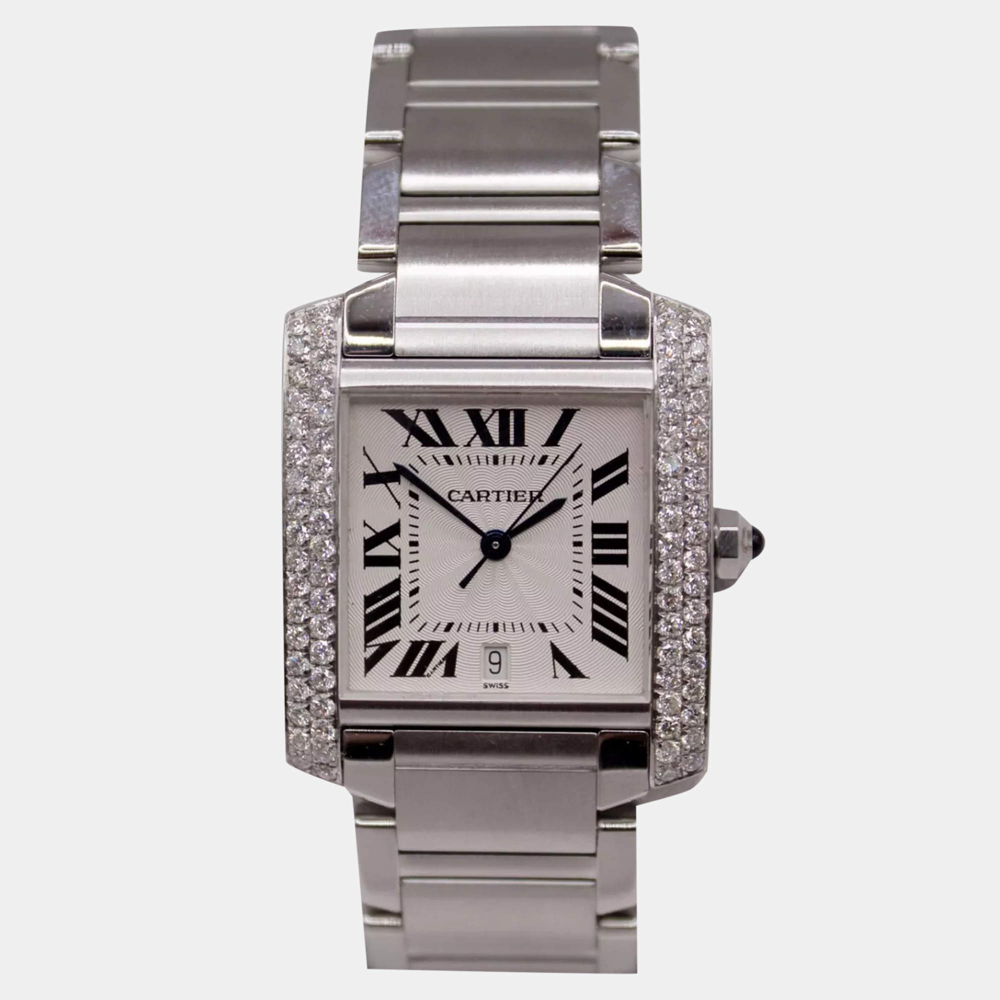 Cartier White Customised 1.40ct Diamond Stainless Steel Tank Francaise Automatic Women's Wristwatch 28 mm