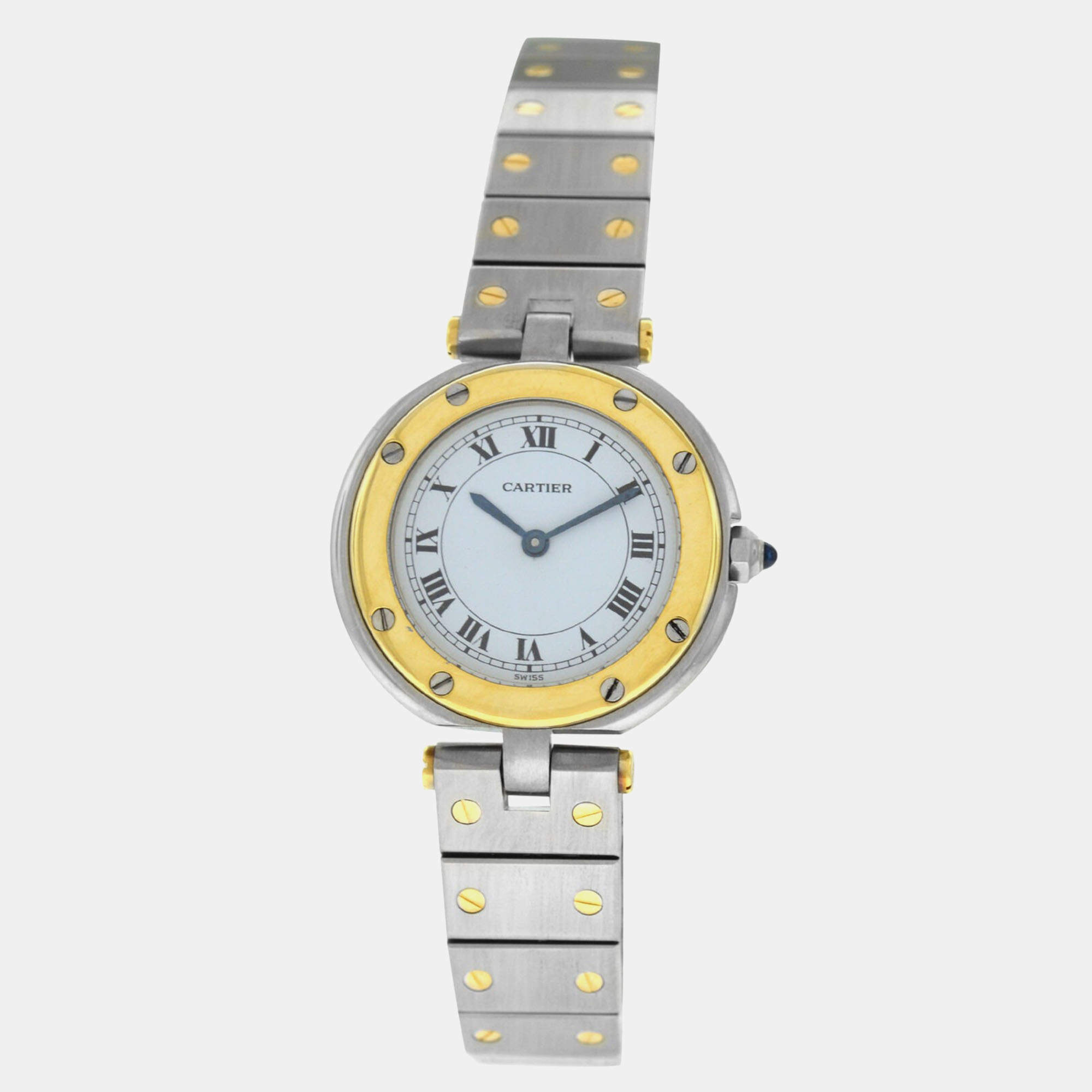 Cartier White 18k Yellow Gold Stainless Steel Santos Ronde 8191 Quartz Women's Wristwatch 27 mm