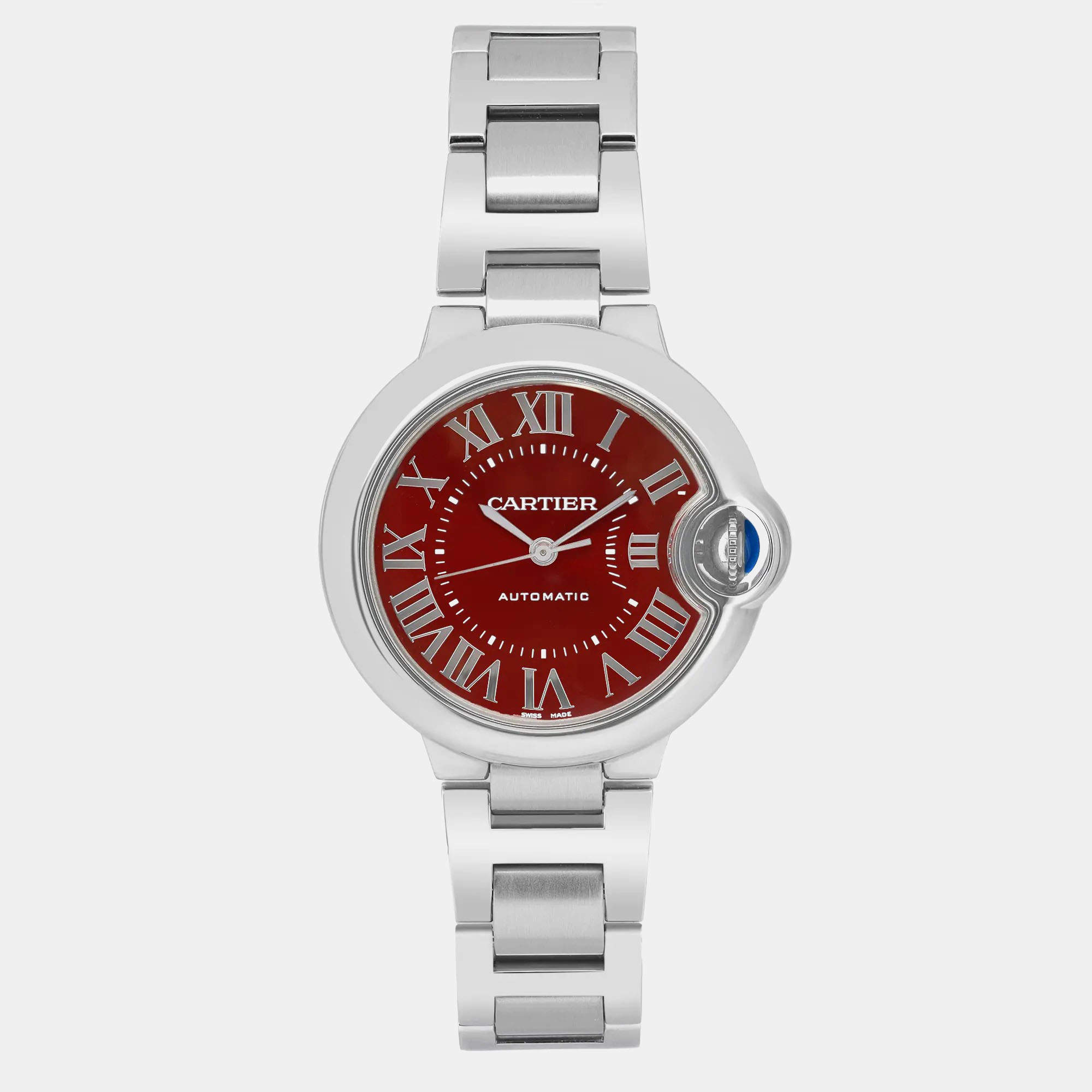 Cartier Red Stainless Steel Ballon Bleu 3489 Automatic Women's Wristwatch 33 mm