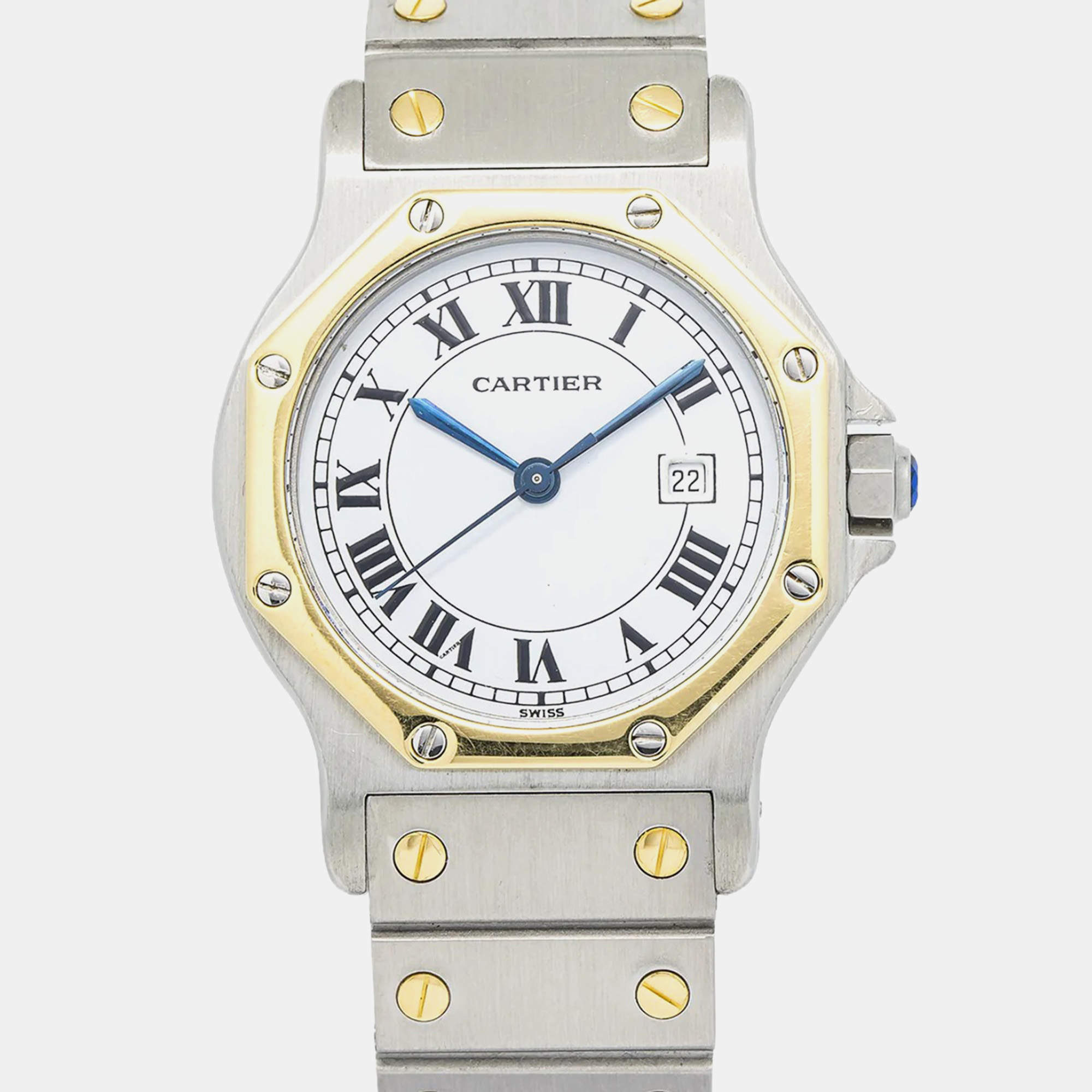 Cartier Santos Octagon Automatic White 18k Yellow Gold Stainless Steel Women's Wristwatch 29 mm