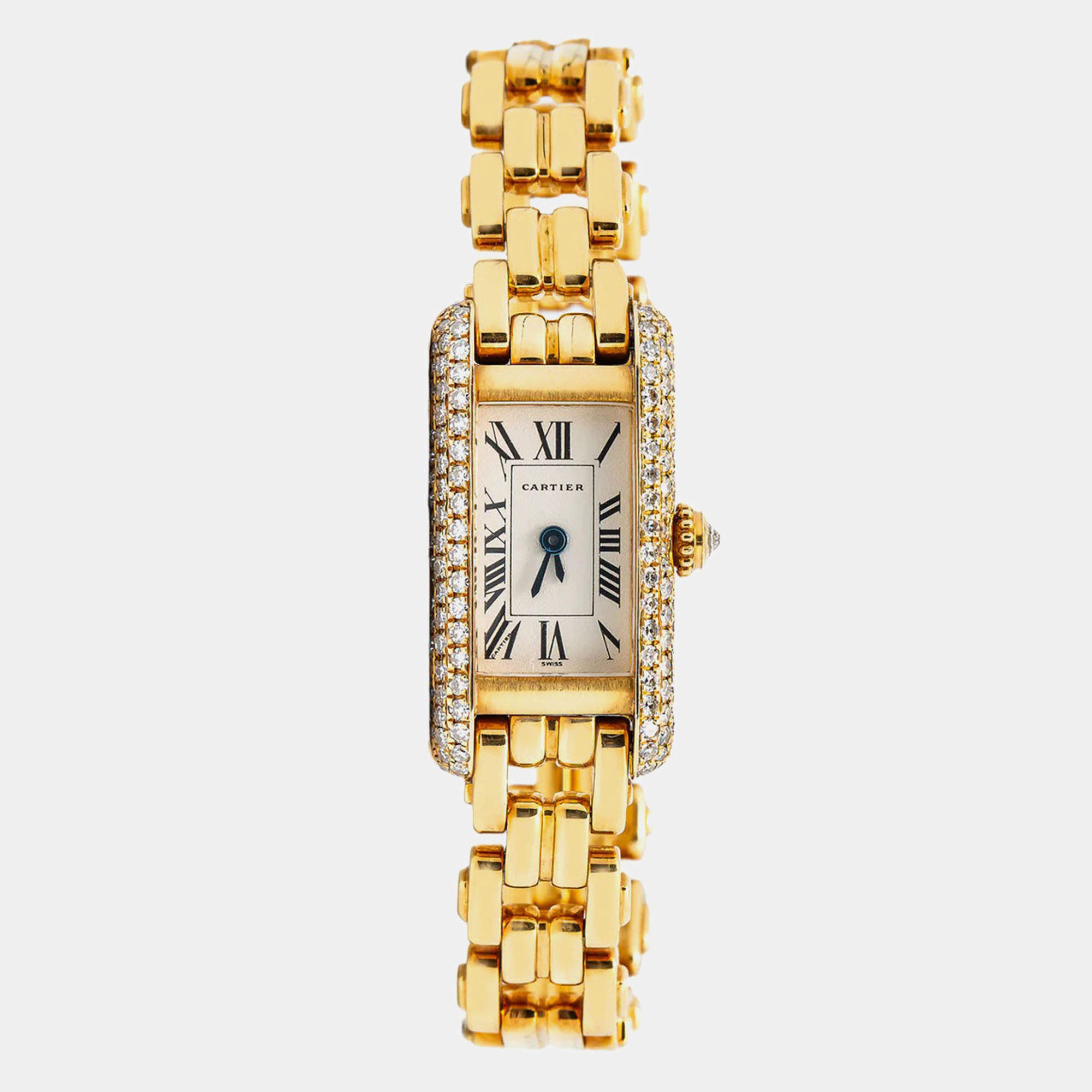 Cartier Tank Allongee W15007K3 Automatic White 18k Yellow Gold Diamond Women's Wristwatch 14x28mm