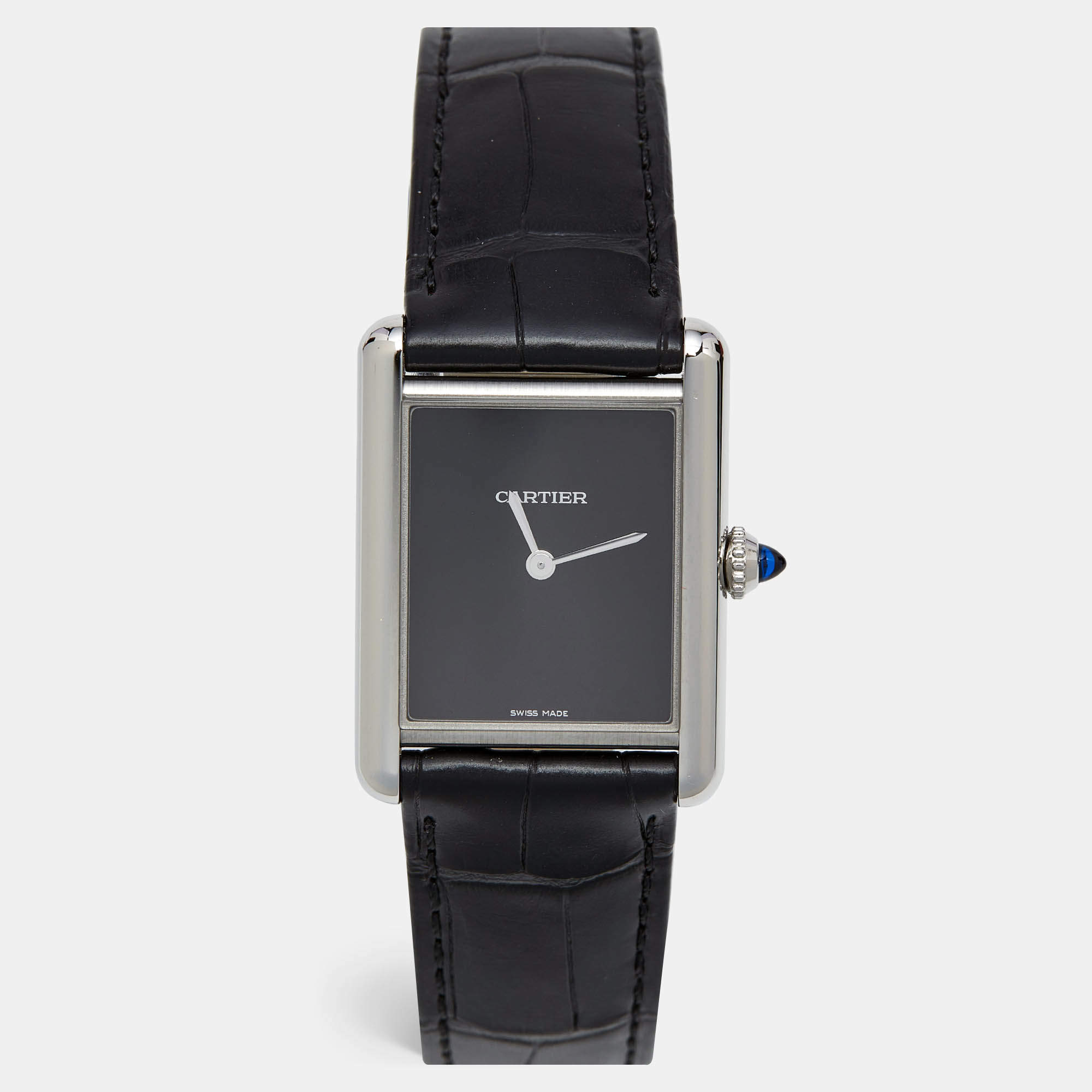 Cartier Black Stainless Steel Alligator Leather Tank Must WSTA0072 Women's Wristwatch 25.5 mm