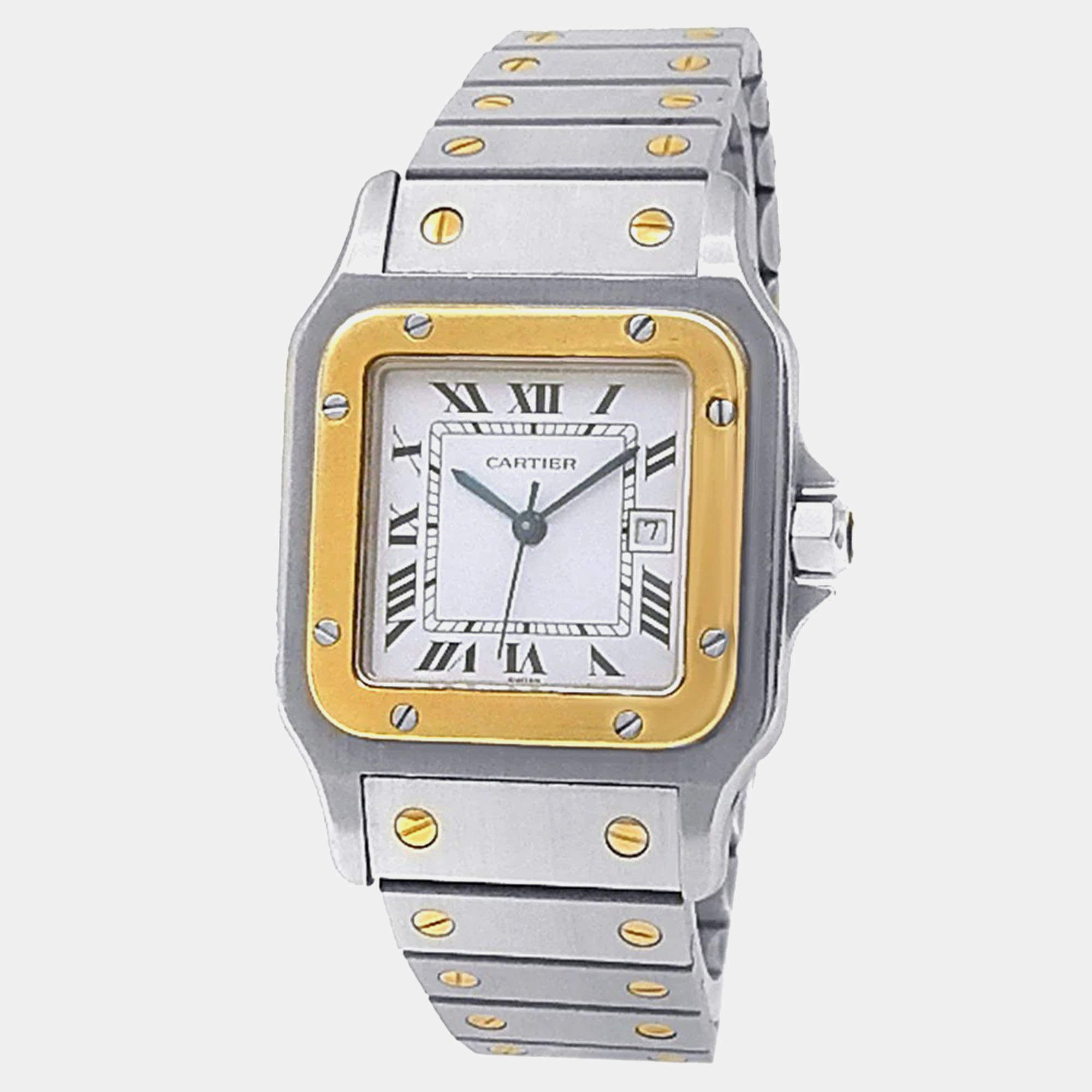Pre Owned Cartier Santos 2961 White 18K Yellow Gold Stainless Steel Women’s Wristwatch 29 mm