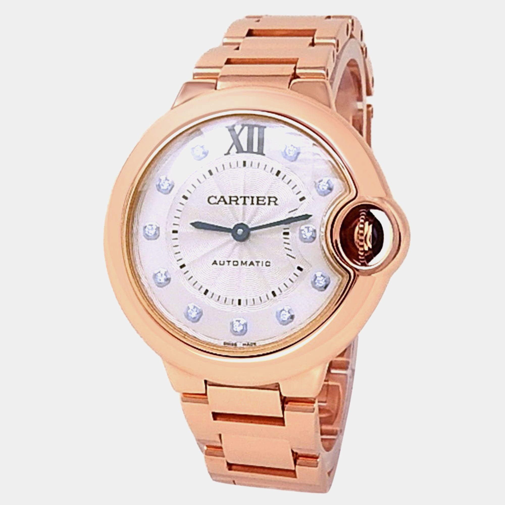 Pre Owned Cartier Ballon Bleu WE902062 Automatic Silver Diamond 18K Rose Gold Women’s Wristwatch 33 mm