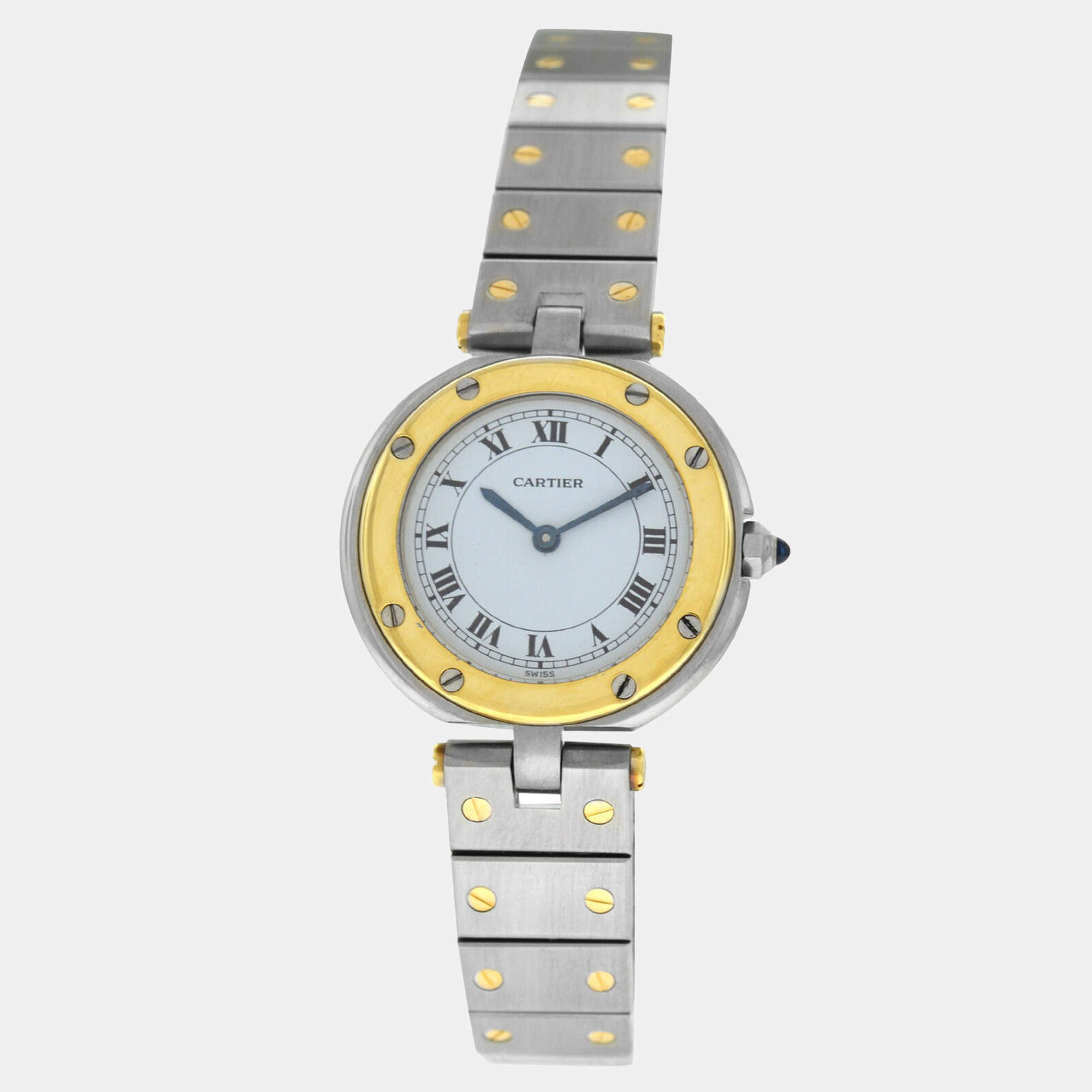 Pre Owned Cartier Santos Ronde 8191 Quartz White 18k Yellow Gold Stainless Steel Women's Wristwatch 27 mm