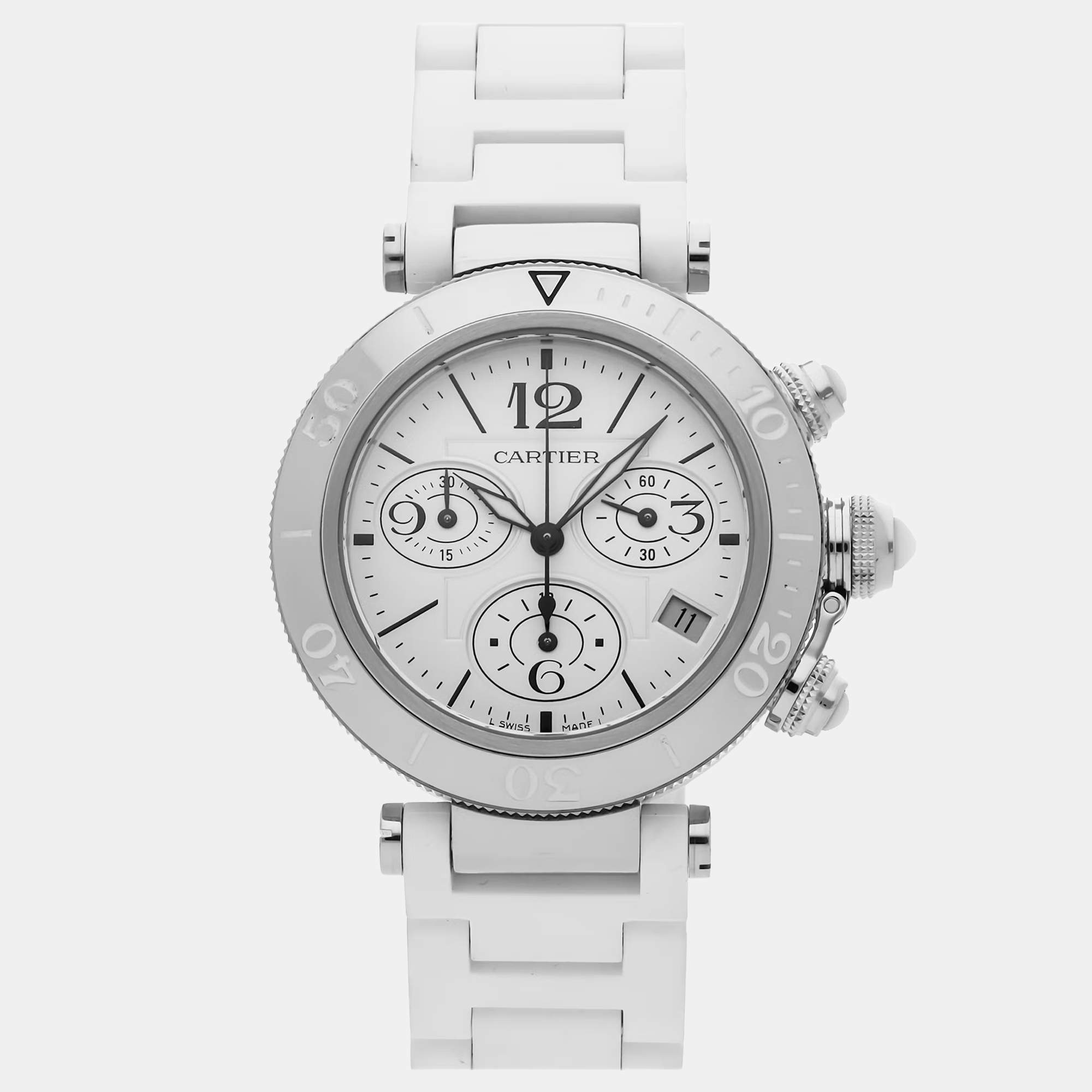 Pre Owned Pre-Owned Cartier Pasha Seatimer Chronograph W3140005 Silver Quartz Stainless Steel Men's Wristwatch 37 mm