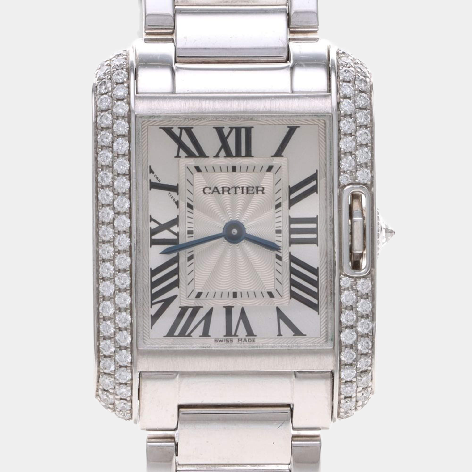 Pre Owned Cartier Tank Anglaise Diamond Quartz White Gold Women's Wristwatch 23 mm