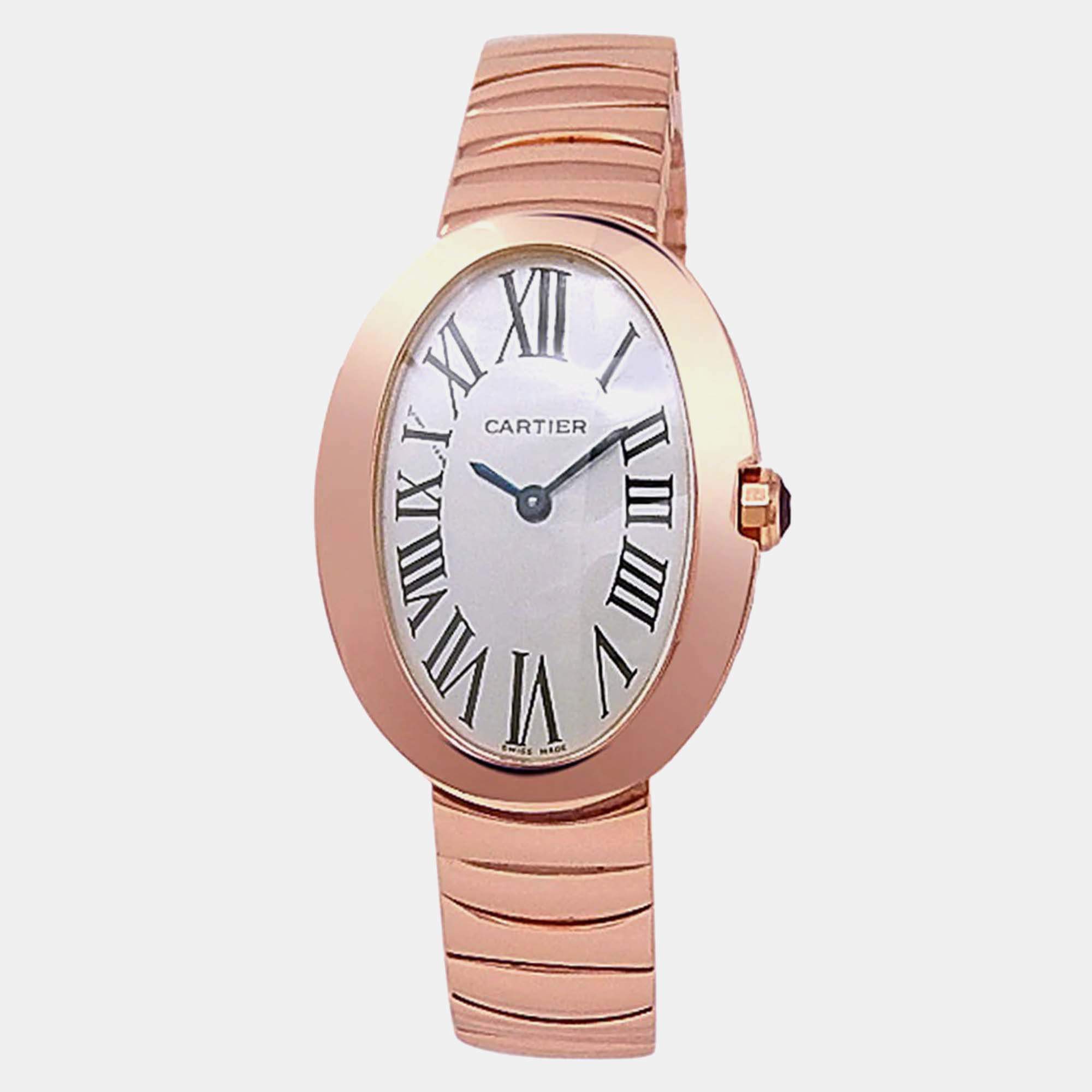 Pre Owned Cartier Baignoire W8000005 Quartz Silver Dial 18k Rose Gold Women's Wristwatch 23 mm