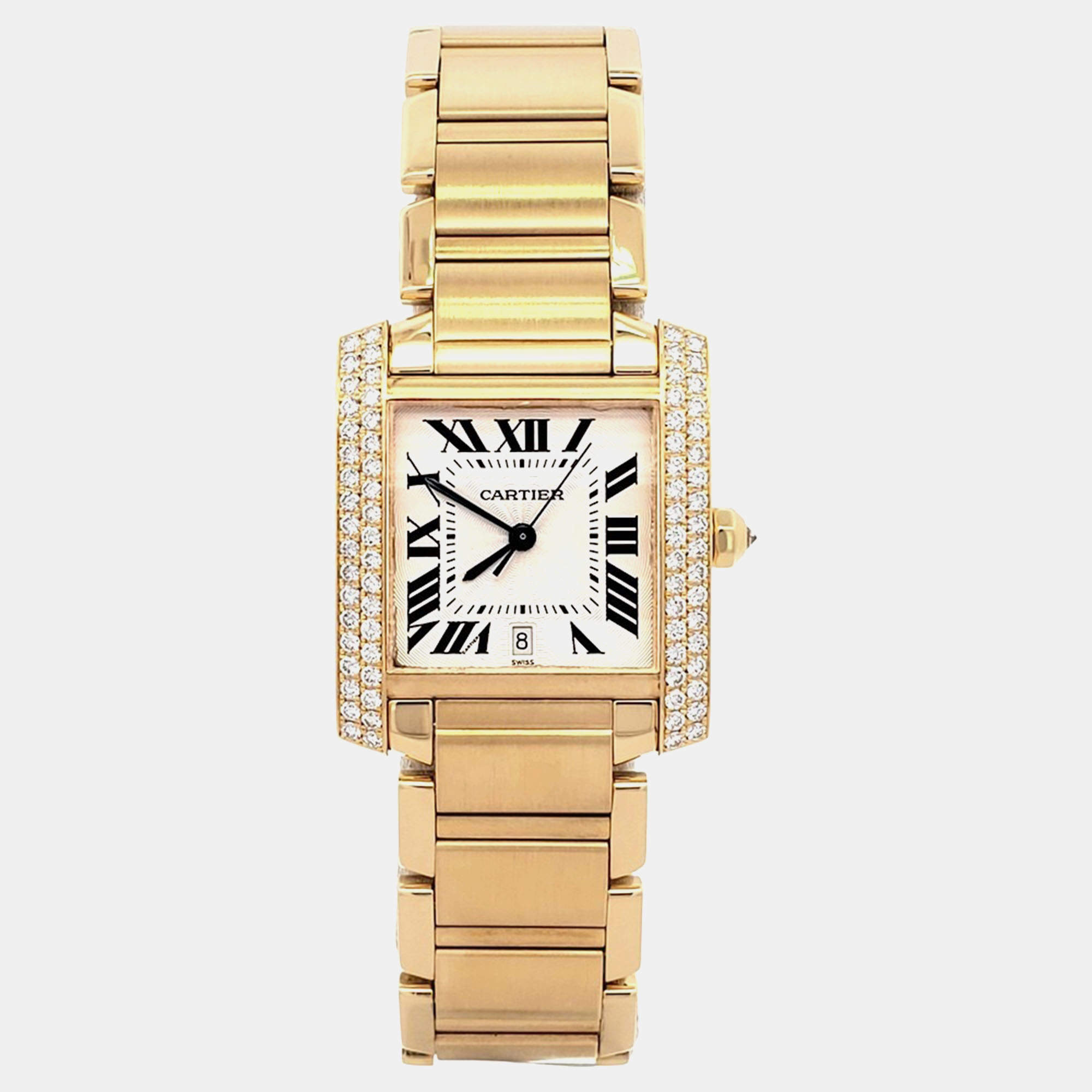 Pre Owned Cartier Tank Francaise WE101051 Automatic Factory Diamond Dial 18k Yellow Gold Women's Wristwatch 28 mm