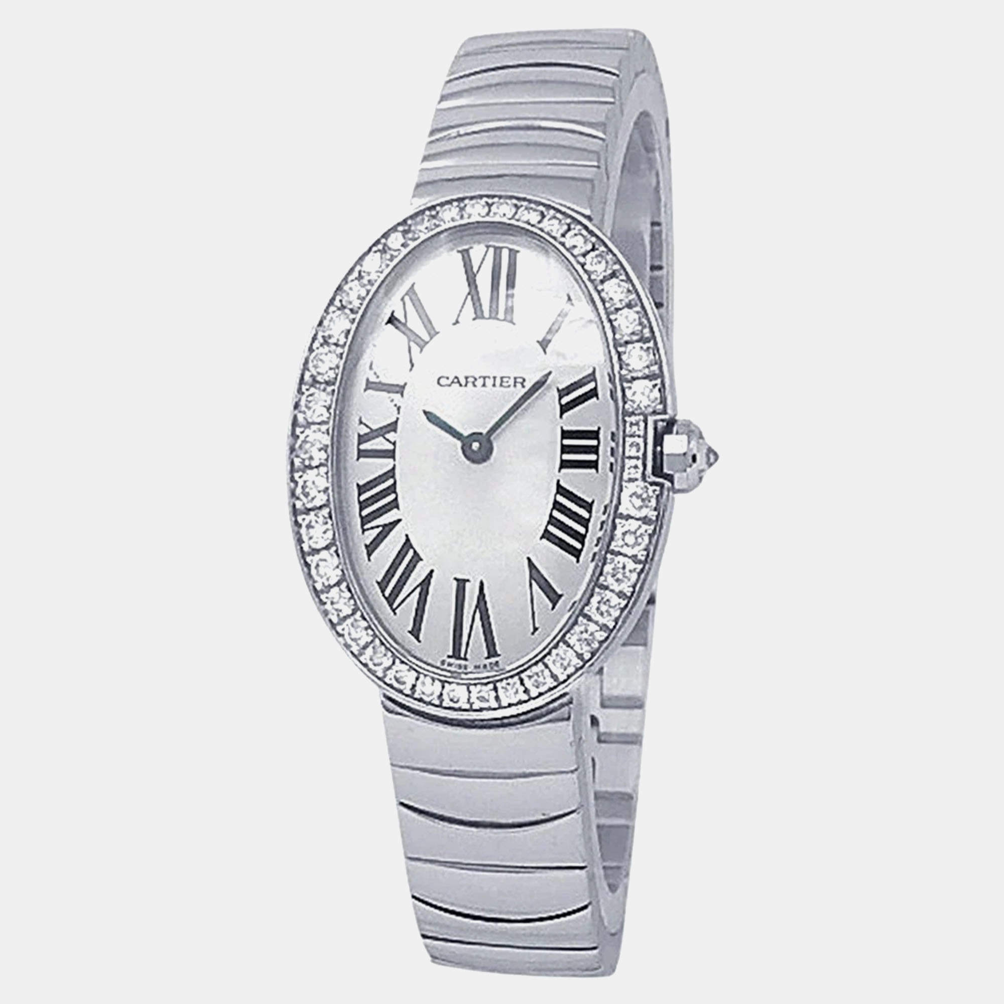 Pre Owned Cartier Baignoire WB520006 Quartz Silver Dial 18k White Gold Diamond Women's Wristwatch 24.5 mm