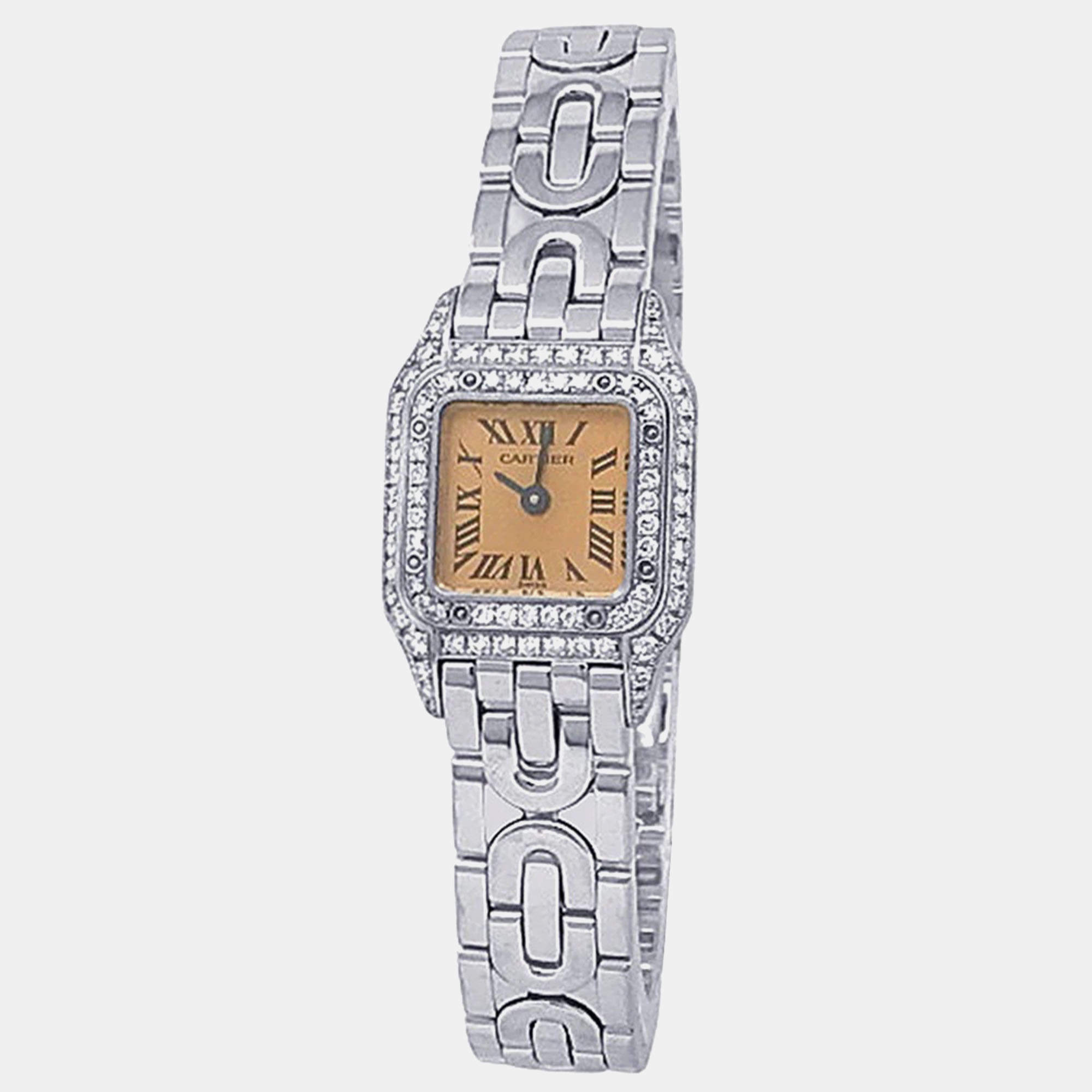 Pre Owned Cartier Panthere WF3206Q5 Quartz Salmon Dial 18k White Gold Diamond Women's Wristwatch 20mm