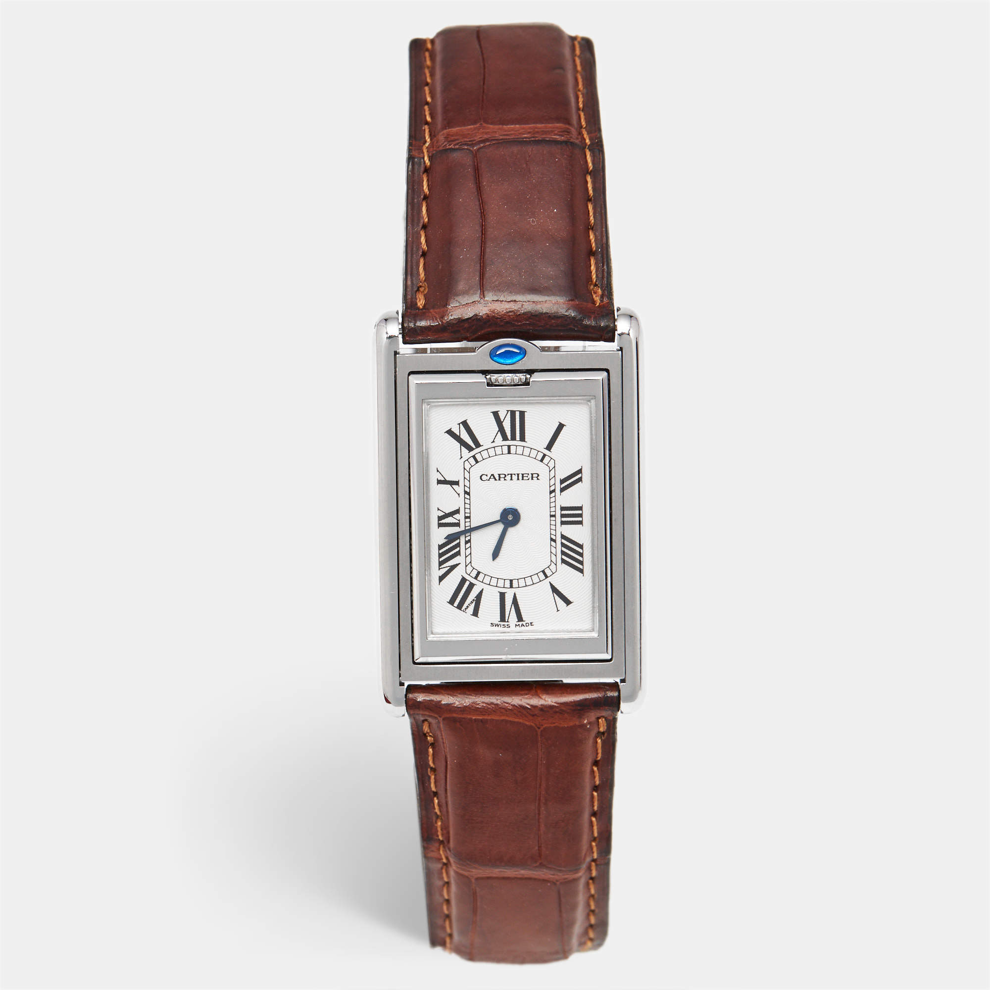 مملوكة مسبقًا Cartier Tank Basculante W1014458 Silver Dial Stainless Steel Alligator Leather Women's Wristwatch 25.40 mm