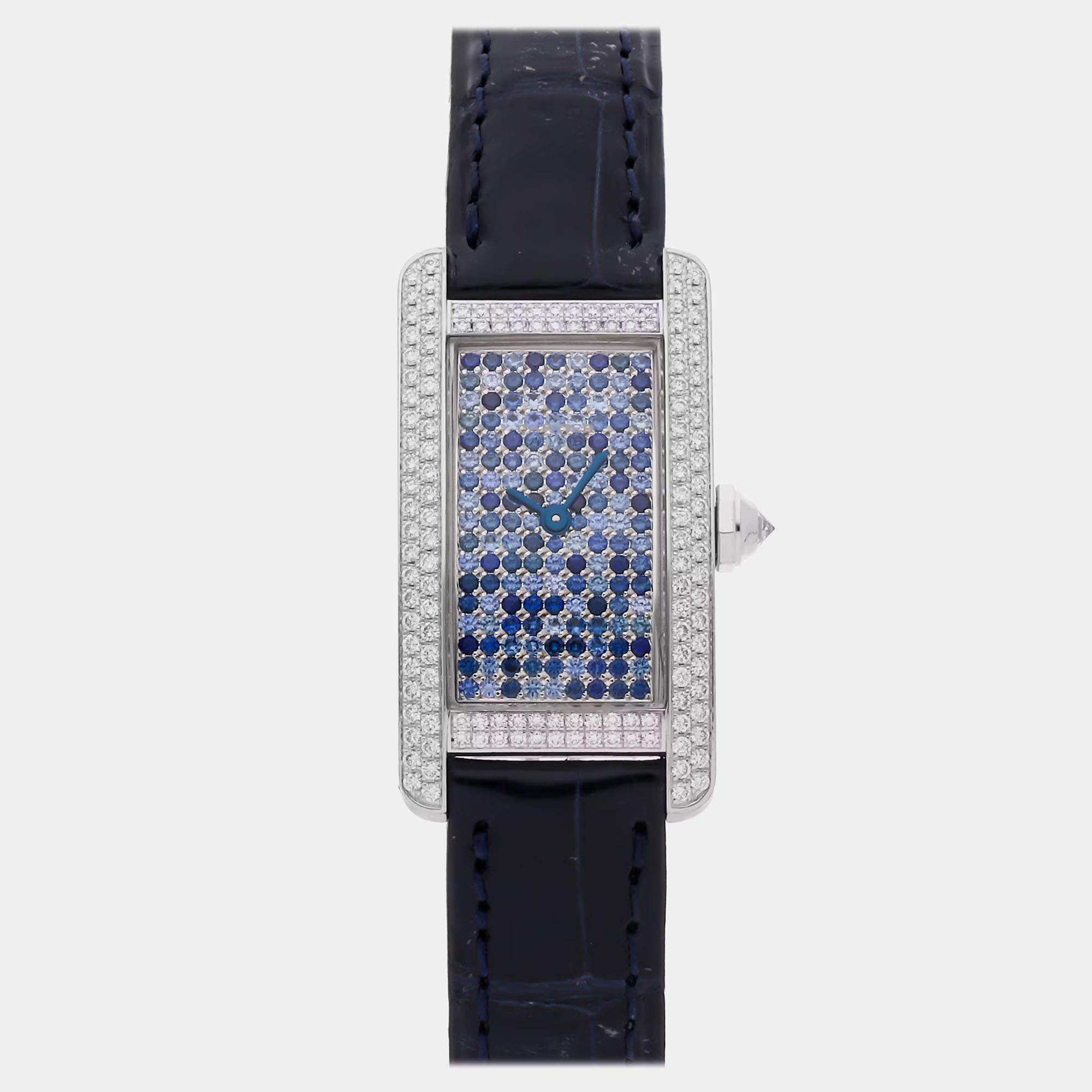 مملوكة مسبقًا Cartier Tank Americaine WB706131 Quartz Blue Dial 18k White Gold Women's Wristwatch 19mm
