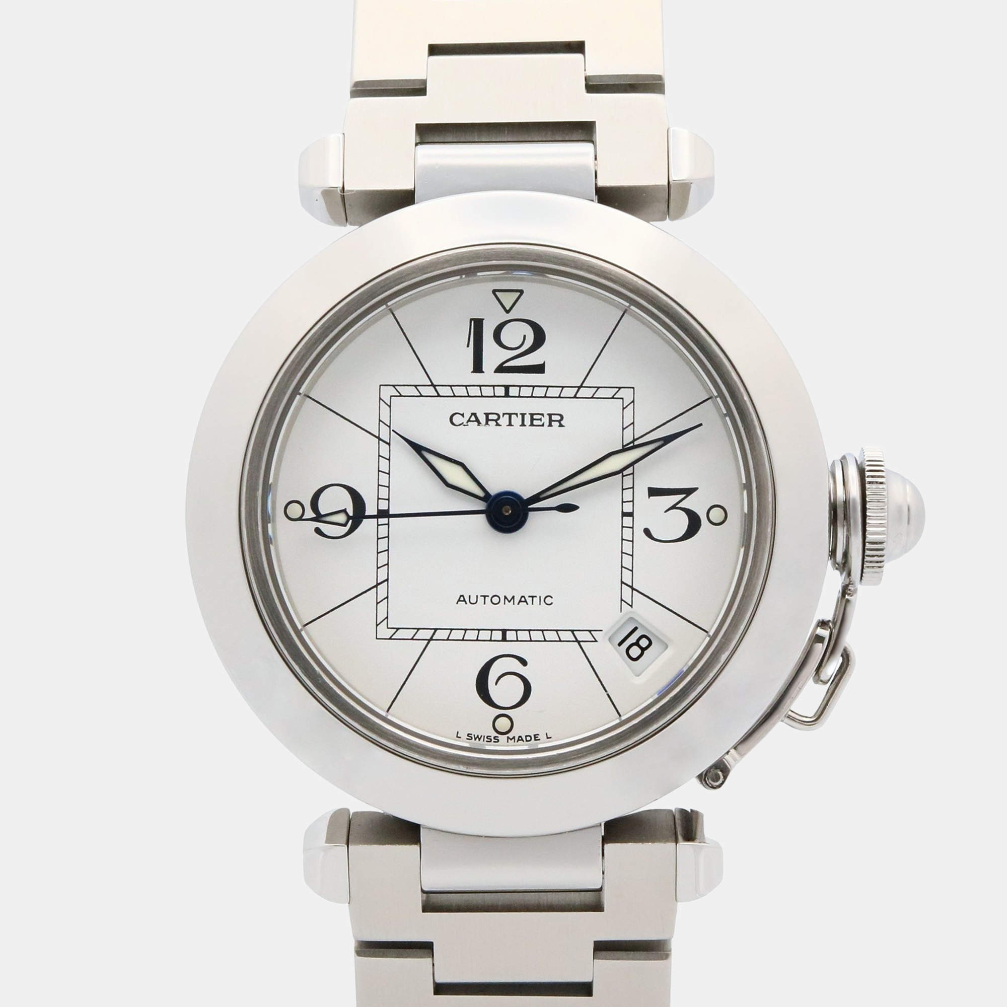 Pre Owned ساعة يد نسائية كارتتييه باشا C دي كارتتييه W31074M7 بيضاء أوتوماتيكية ستانلس ستيل 35 مم