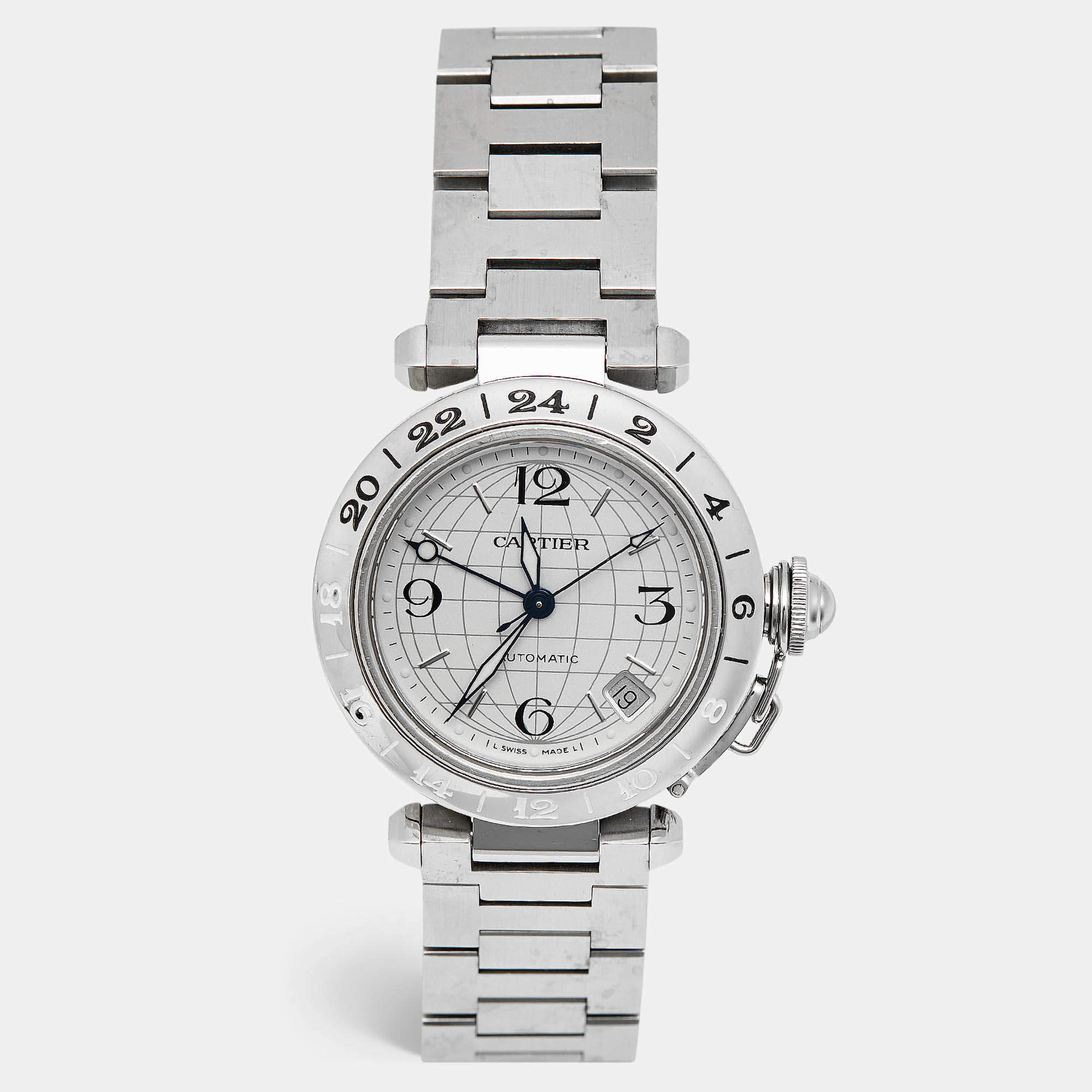 Pre Owned ساعة يد نسائية كارتييه باشا دو كارتييه جي ام تي 2377 ستانلس ستيل فضية 35 مم