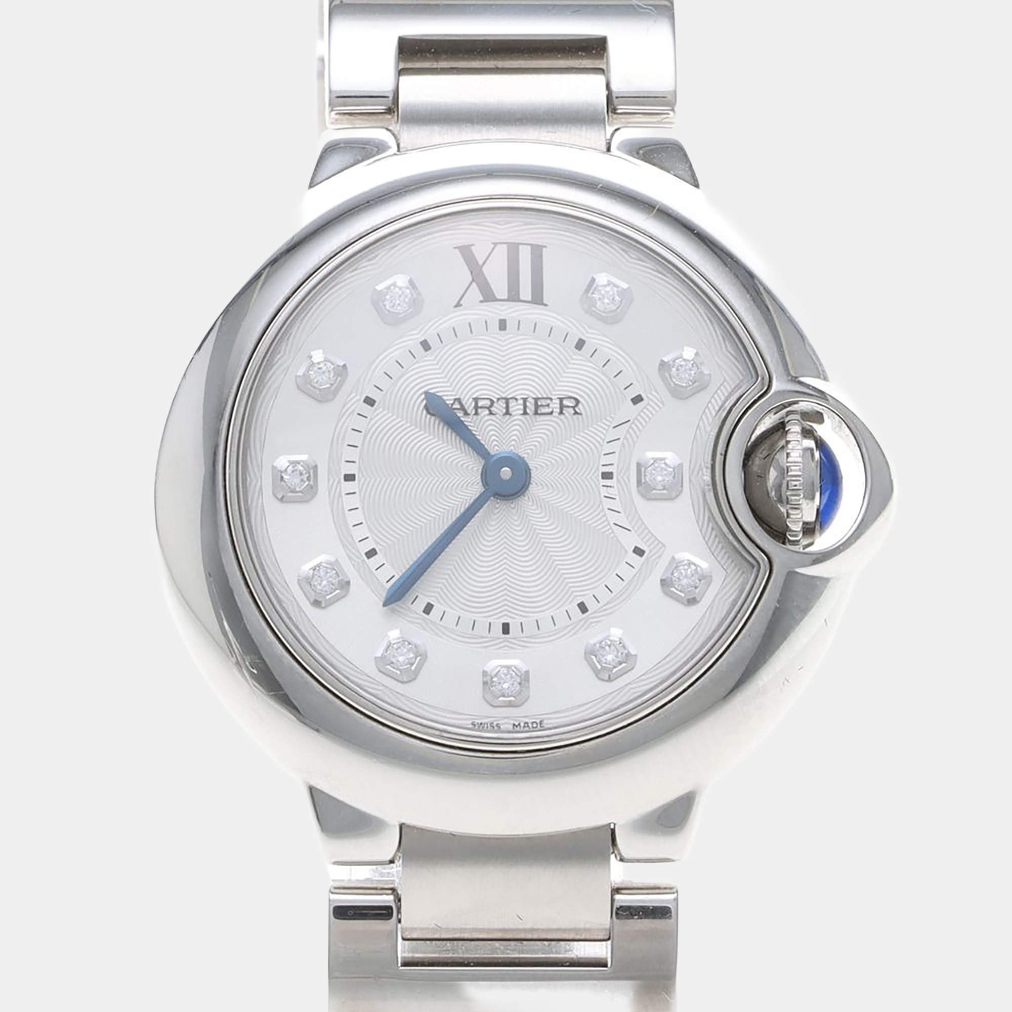 Pre Owned Cartier Ballon Bleu Diamond WE902073 White Quartz Stainless Steel Women's Wristwatch 28 mm