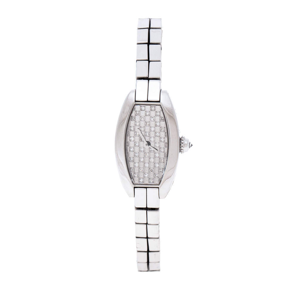 Pre Owned Cartier Diamond Pave 18K White Gold Laniere Tonneau 2545 Women's Wristwatch 16 mm
